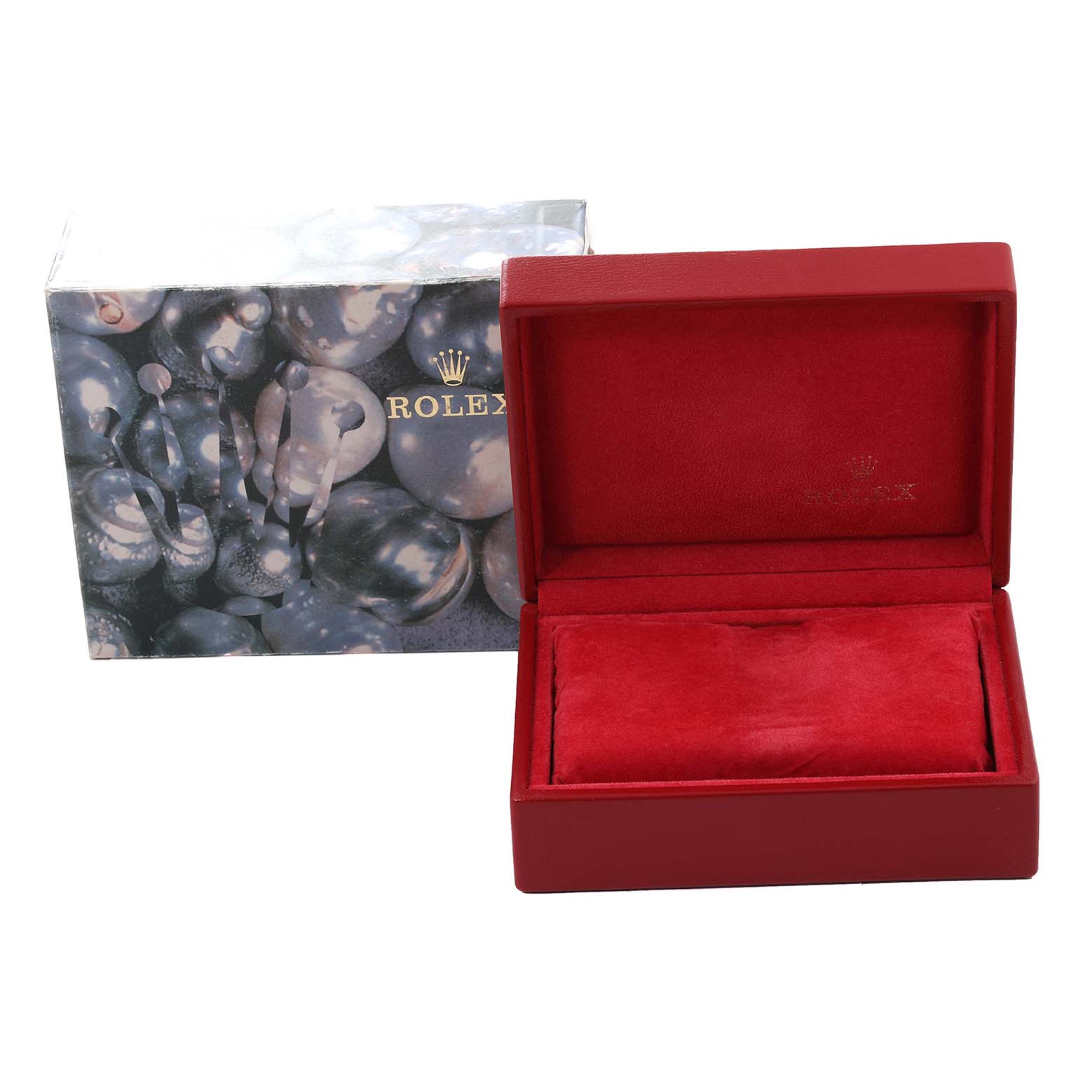 This image shows a red Rolex watch box and its outer packaging for the Datejust model.