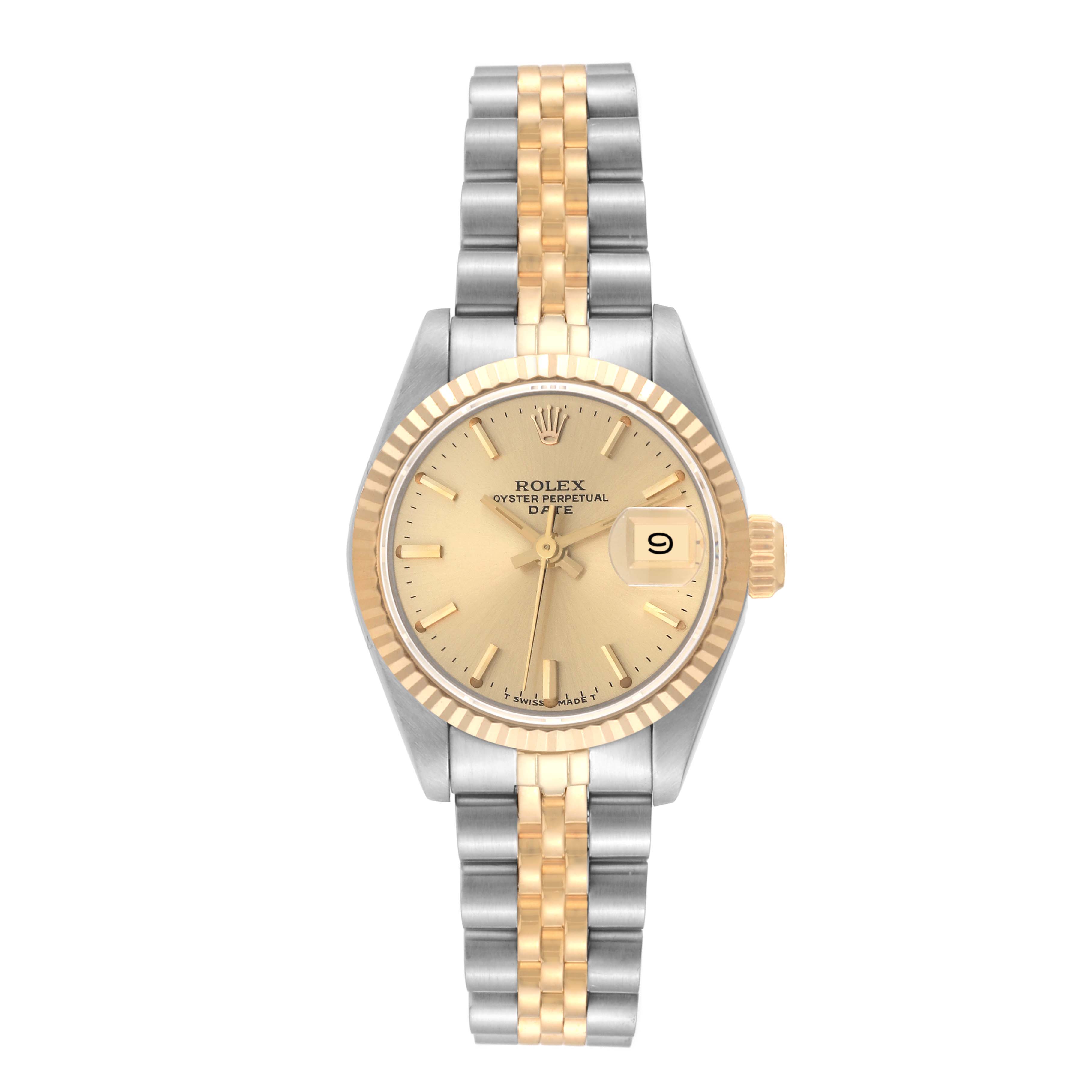 The Rolex Datejust 69173 Women's Steel and Gold (two tone) Champagne Dial 69173 Women's Steel and Gold (two tone) Champagne Dial watch is shown from a top-down angle, displaying the dial, bezel, case, and two-tone bracelet.