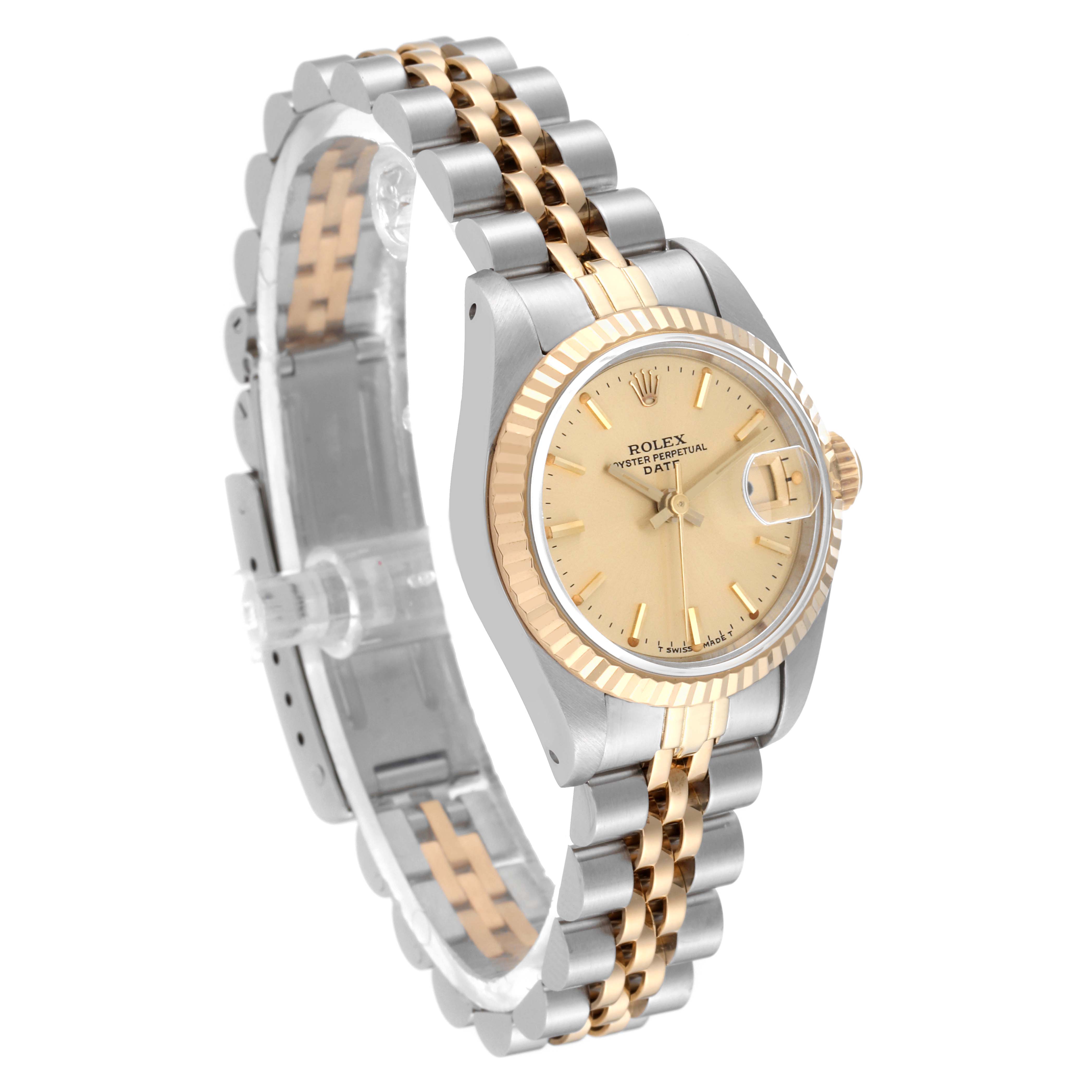 The image shows a Rolex Datejust 69173 Women's Steel and Gold (two tone) Champagne Dial 69173 Women's Steel and Gold (two tone) Champagne Dial watch from an angled side view, highlighting the dial, bezel, and bracelet.