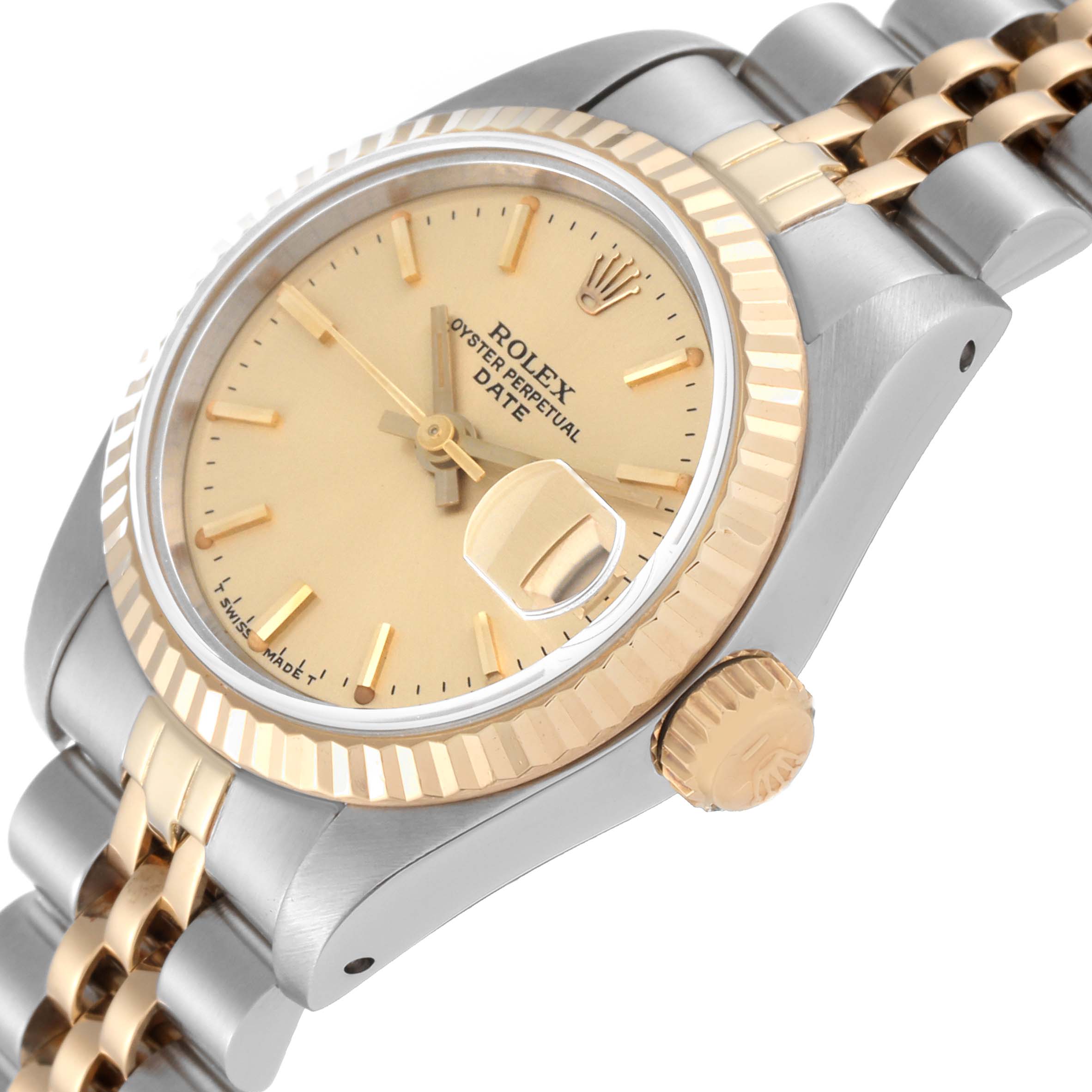 The image shows the side angle of a Rolex Datejust 69173 Women's Steel and Gold (two tone) Champagne Dial 69173 Women's Steel and Gold (two tone) Champagne Dial watch, highlighting the bezel, crown, dial, and part of the bracelet.