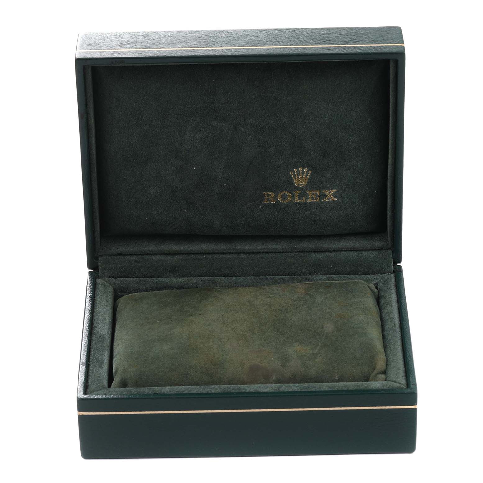 This image shows an open Rolex watch box, likely for a Datejust model, with a cushion inside.