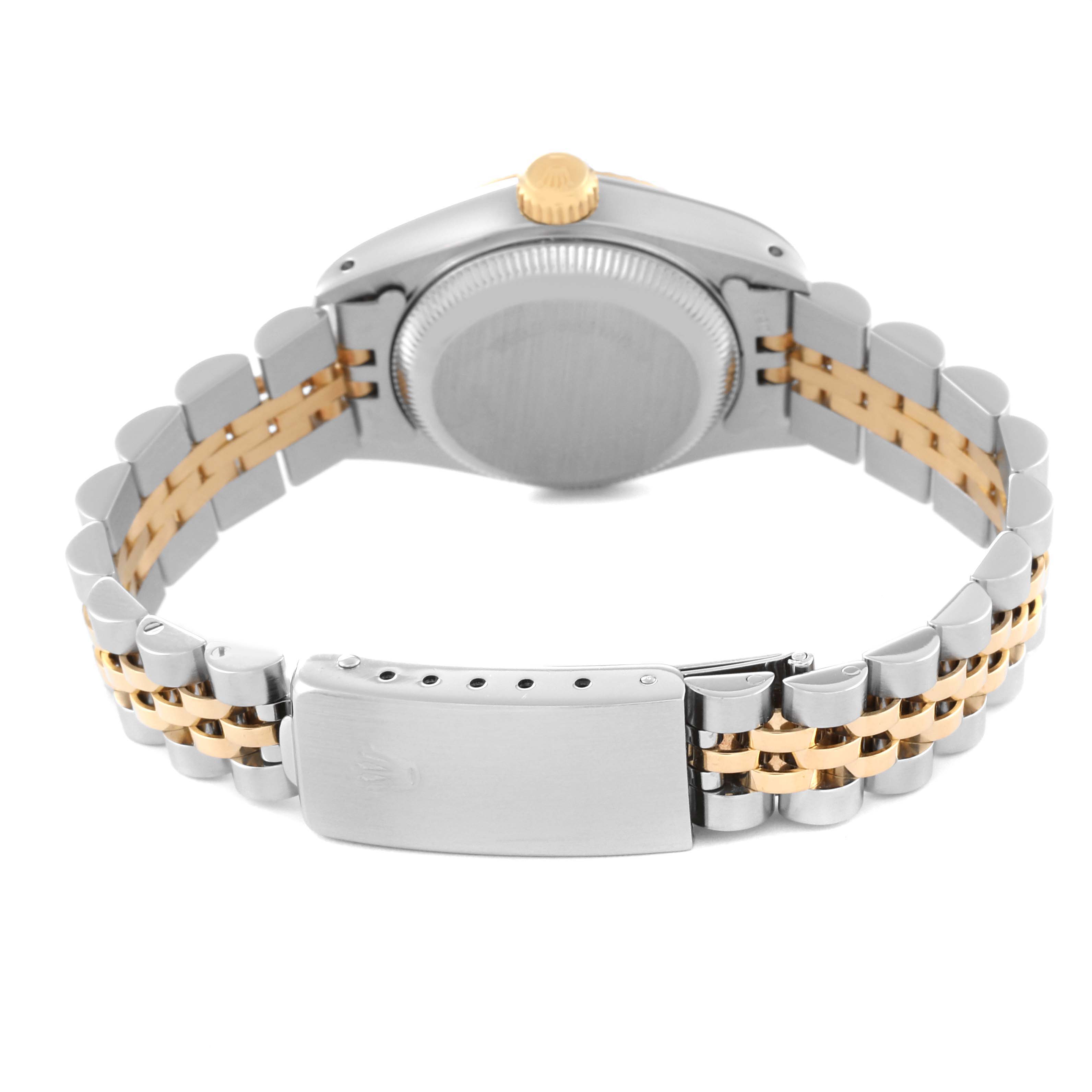 The image shows the back of a Rolex Datejust 69173 Women's Steel and Gold (two tone) Champagne Dial 69173 Women's Steel and Gold (two tone) Champagne Dial watch, highlighting the clasp, bracelet, and case back.