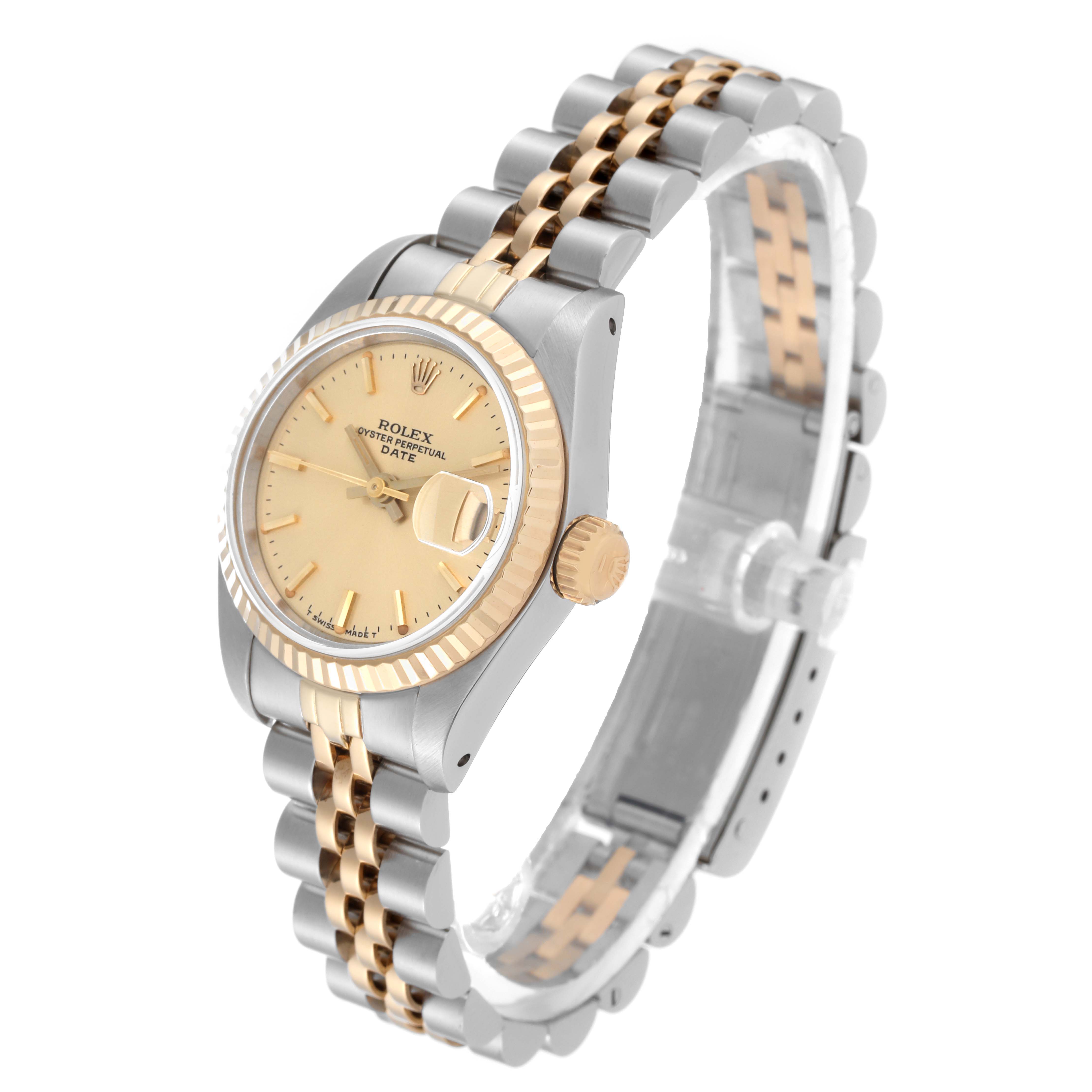 The image shows a side angle of a Rolex Datejust 69173 Women's Steel and Gold (two tone) Champagne Dial 69173 Women's Steel and Gold (two tone) Champagne Dial watch, highlighting the bezel, dial, crown, and a two-tone bracelet.