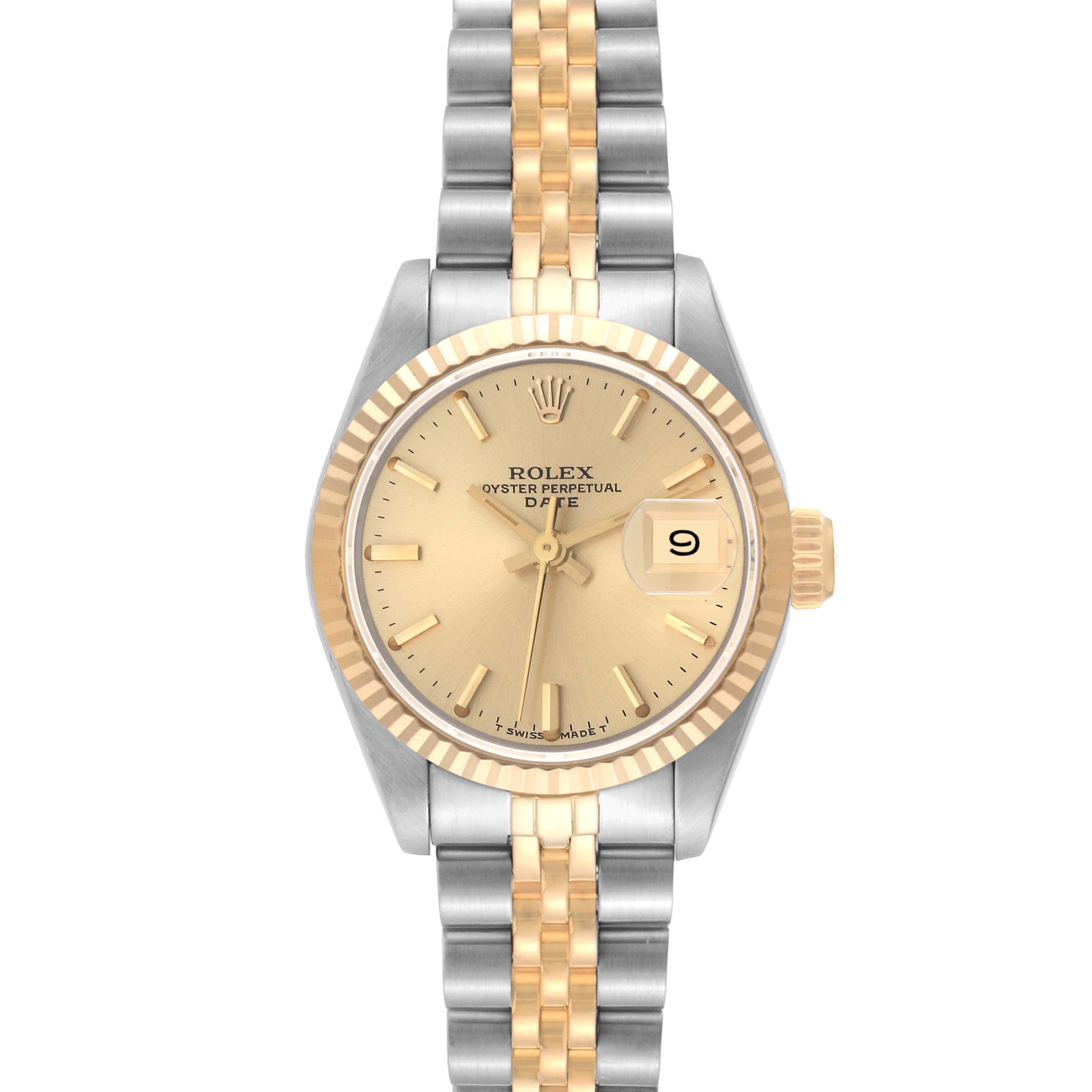 The image shows a front view of a Rolex Datejust 69173 Women's Steel and Gold (two tone) Champagne Dial 69173 Women's Steel and Gold (two tone) Champagne Dial watch, featuring its dial, bezel, crown, and two-tone bracelet.