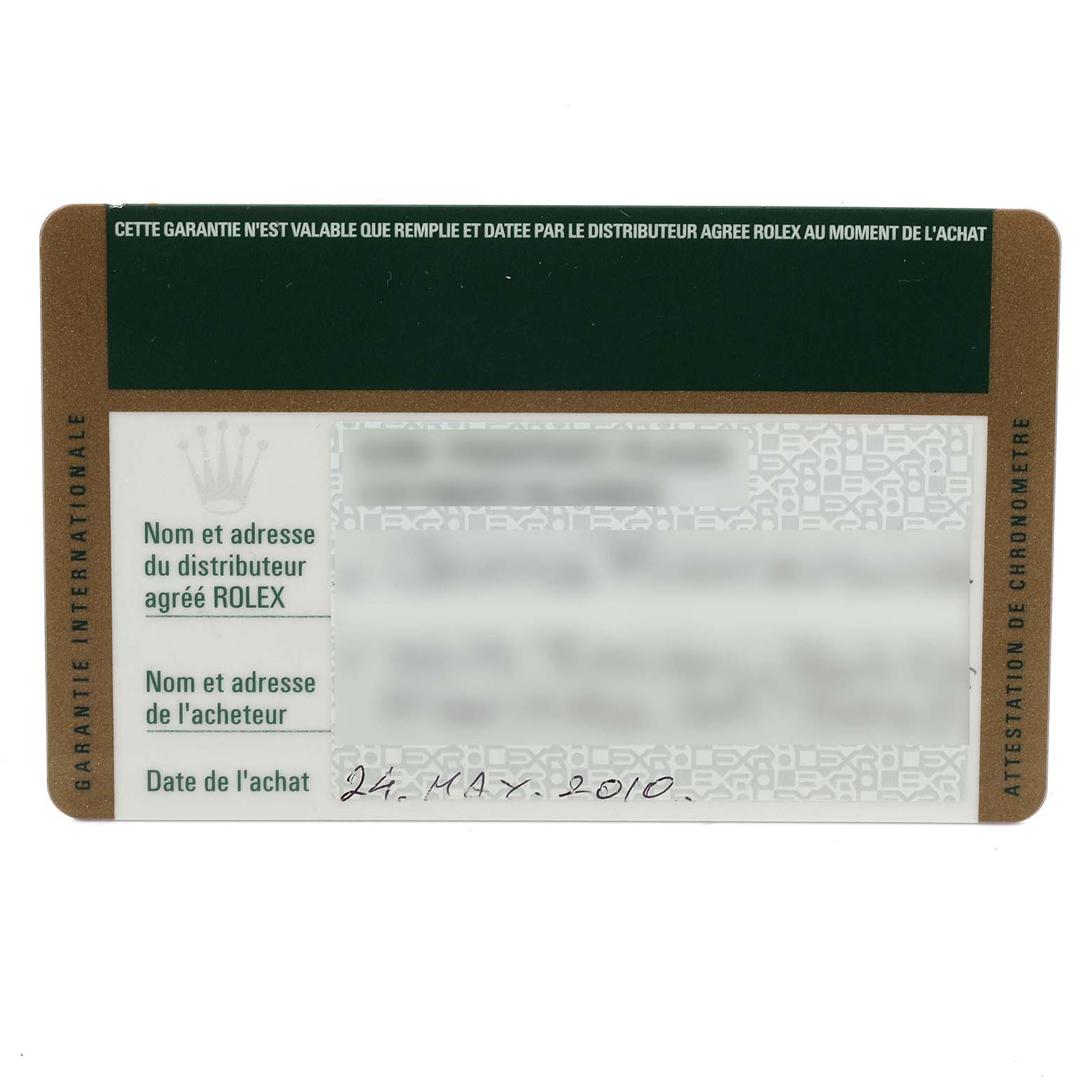 This image shows a warranty card for the Rolex Datejust 179173 Women's Steel and Gold (two tone) Black Dial 179173 Women's Steel and Gold (two tone) Black Dial model, with details about the purchase date and authorized distributor. 