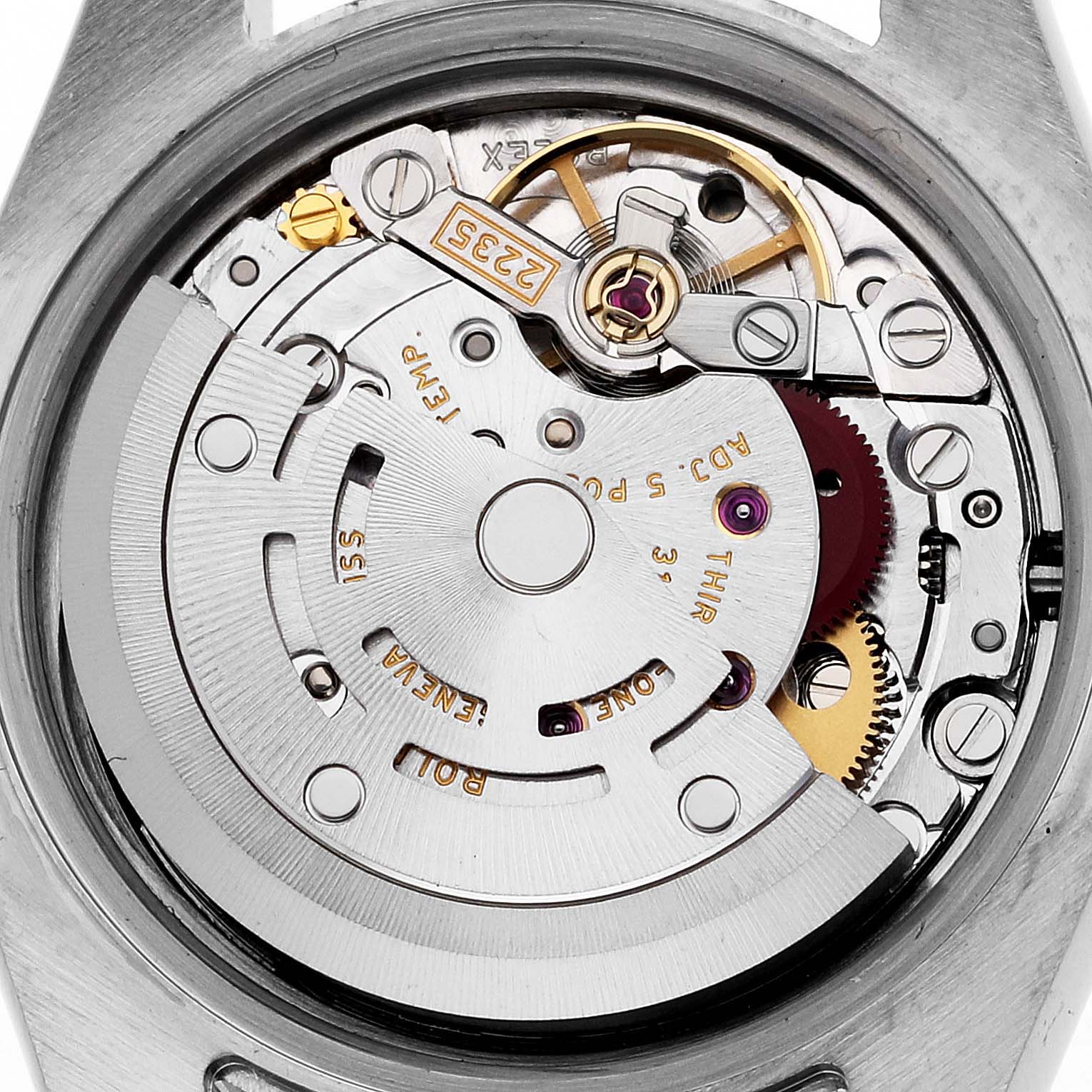 This is an interior view of the Rolex Datejust 179173 Women's Steel and Gold (two tone) Black Dial 179173 Women's Steel and Gold (two tone) Black Dial watch, showing its intricate mechanical movement and components.