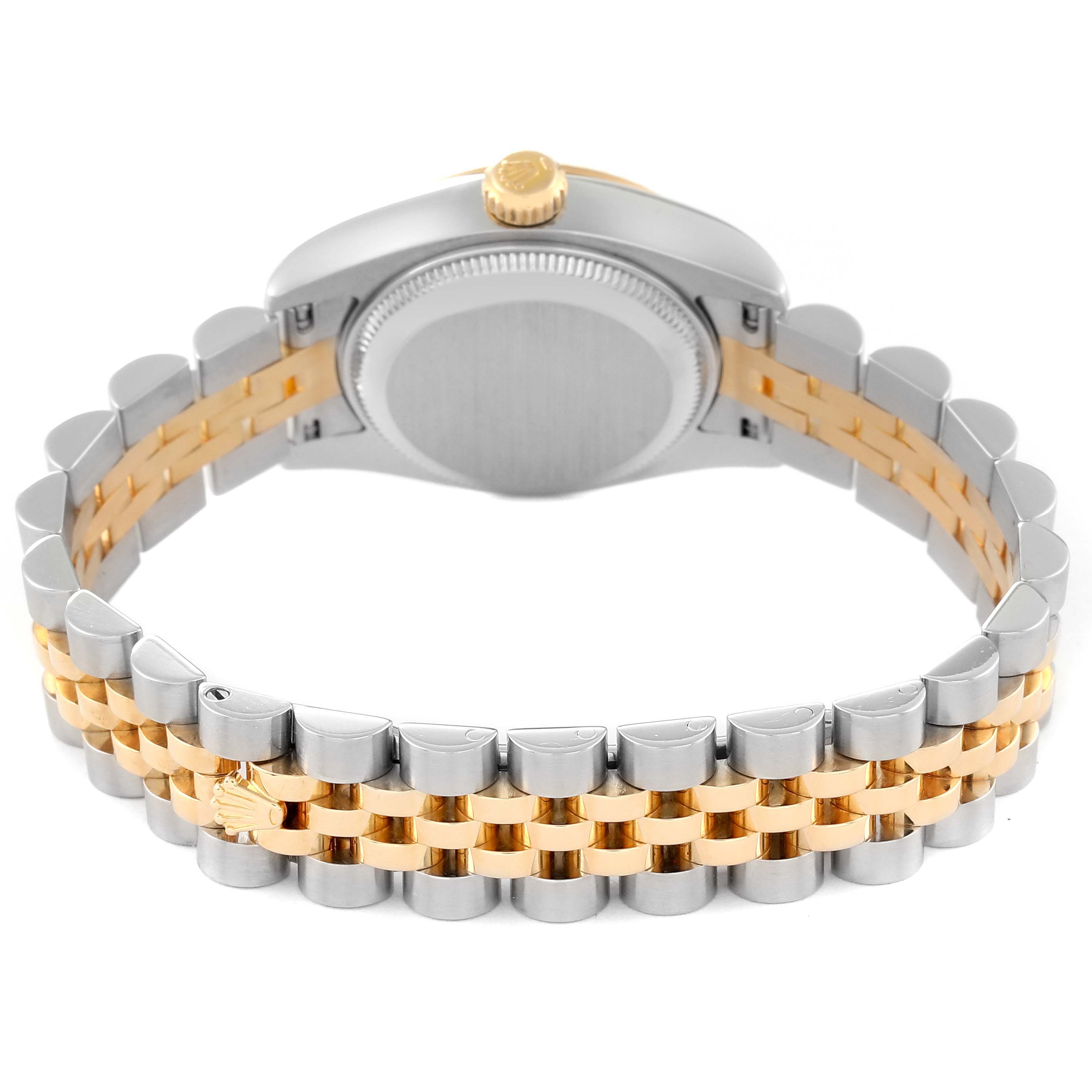The image shows the back view and bracelet of a Rolex Datejust 179173 Women's Steel and Gold (two tone) Black Dial 179173 Women's Steel and Gold (two tone) Black Dial watch, highlighting its two-tone metal design.