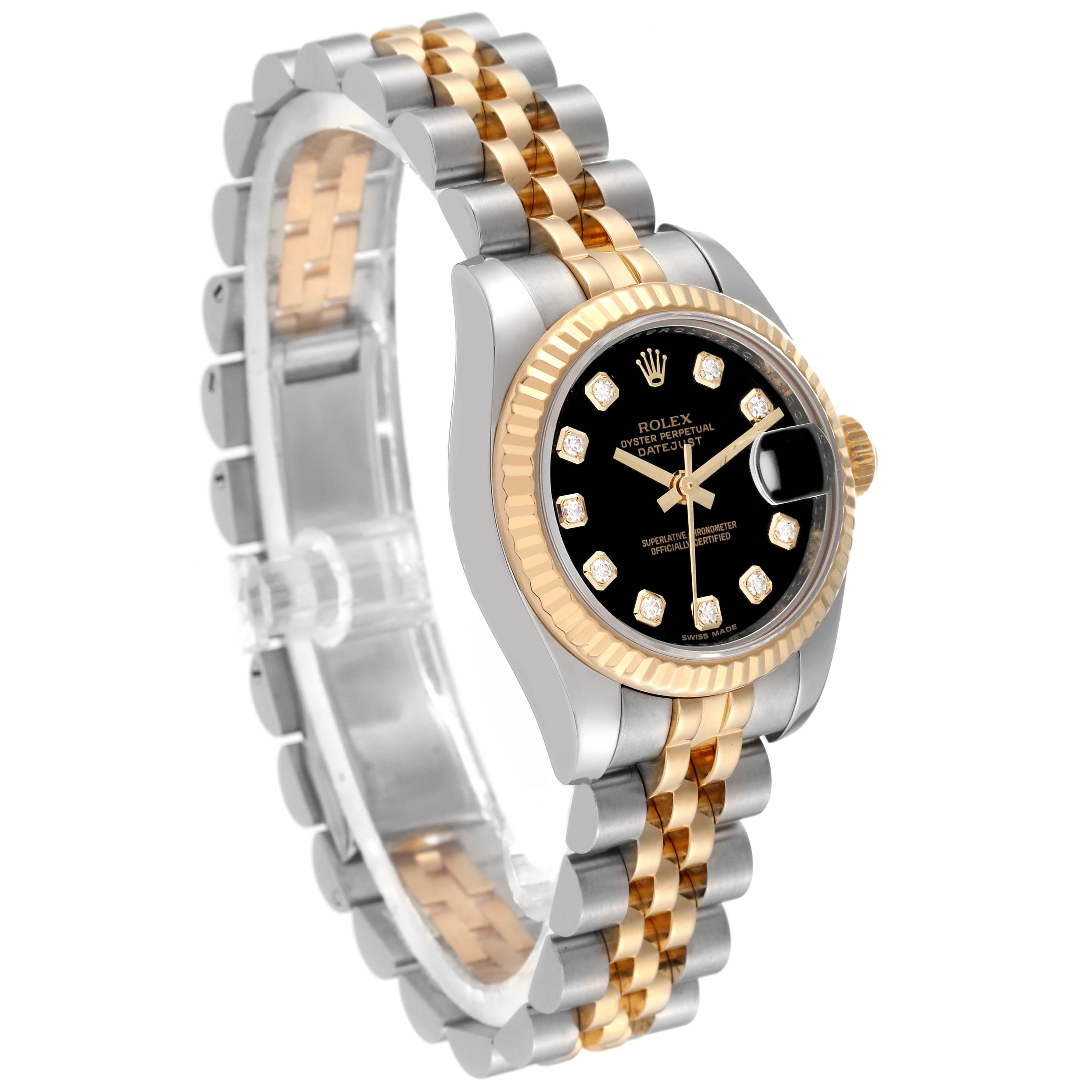 The image shows a Rolex Datejust 179173 Women's Steel and Gold (two tone) Black Dial 179173 Women's Steel and Gold (two tone) Black Dial watch at a three-quarter angle, highlighting its two-tone bracelet, black dial, and diamond hour markers.
