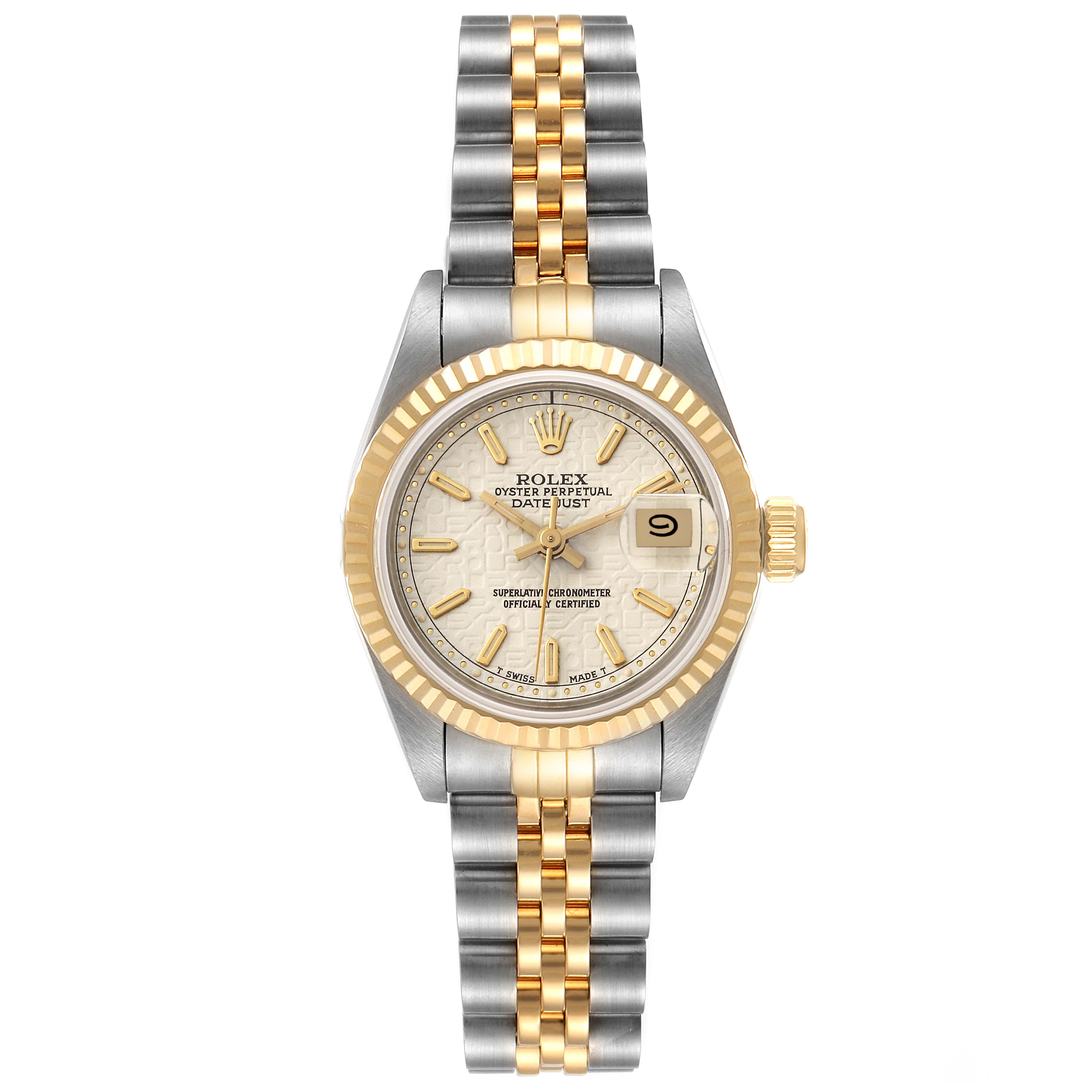 The image shows a frontal view of a Rolex Datejust 69173 Women's Steel and Gold (two tone) White Dial 69173 Women's Steel and Gold (two tone) White Dial watch, highlighting the dial, bezel, and two-tone bracelet.