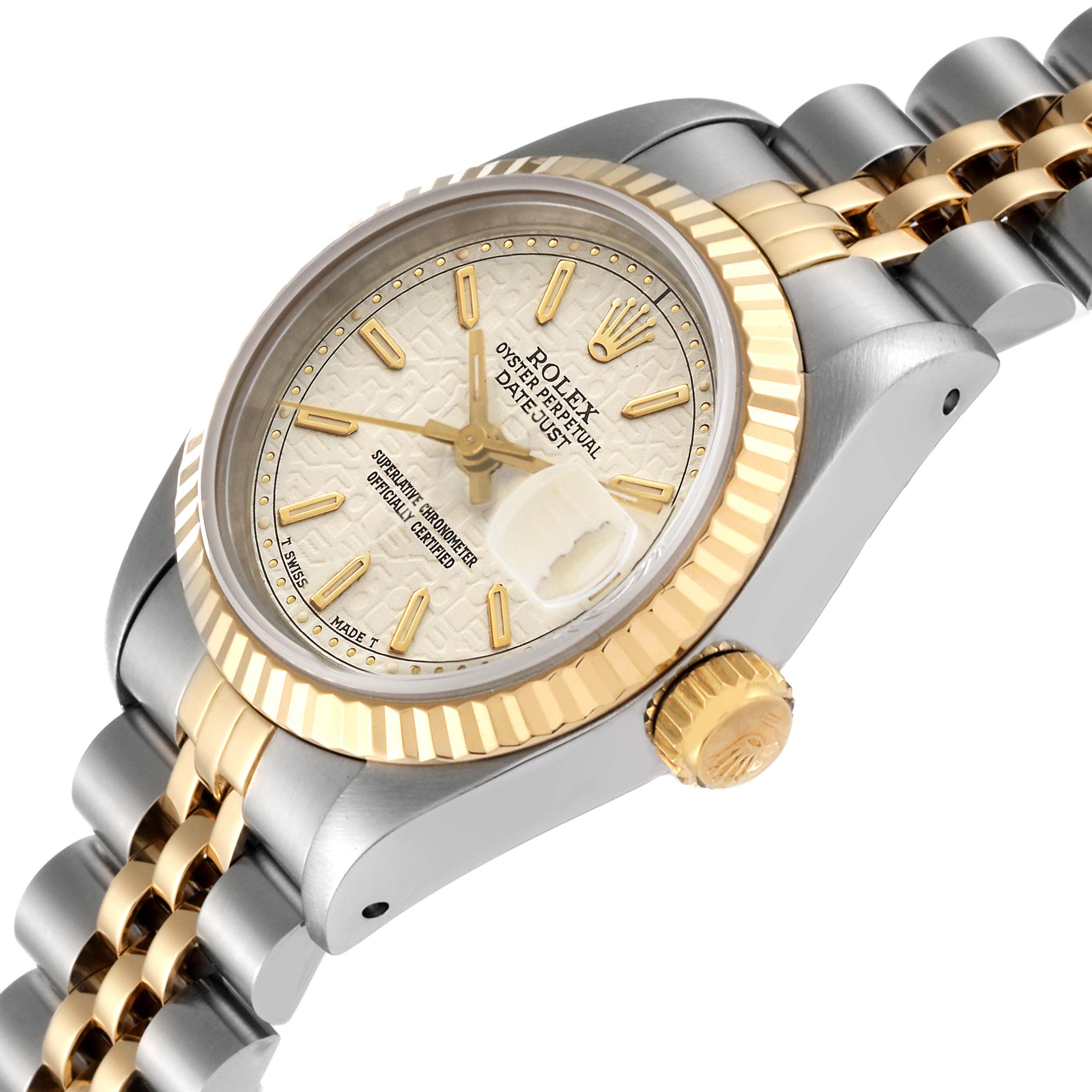 The image shows a Rolex Datejust 69173 Women's Steel and Gold (two tone) White Dial 69173 Women's Steel and Gold (two tone) White Dial watch from an angled side view, highlighting its face, bezel, crown, and part of the bracelet.