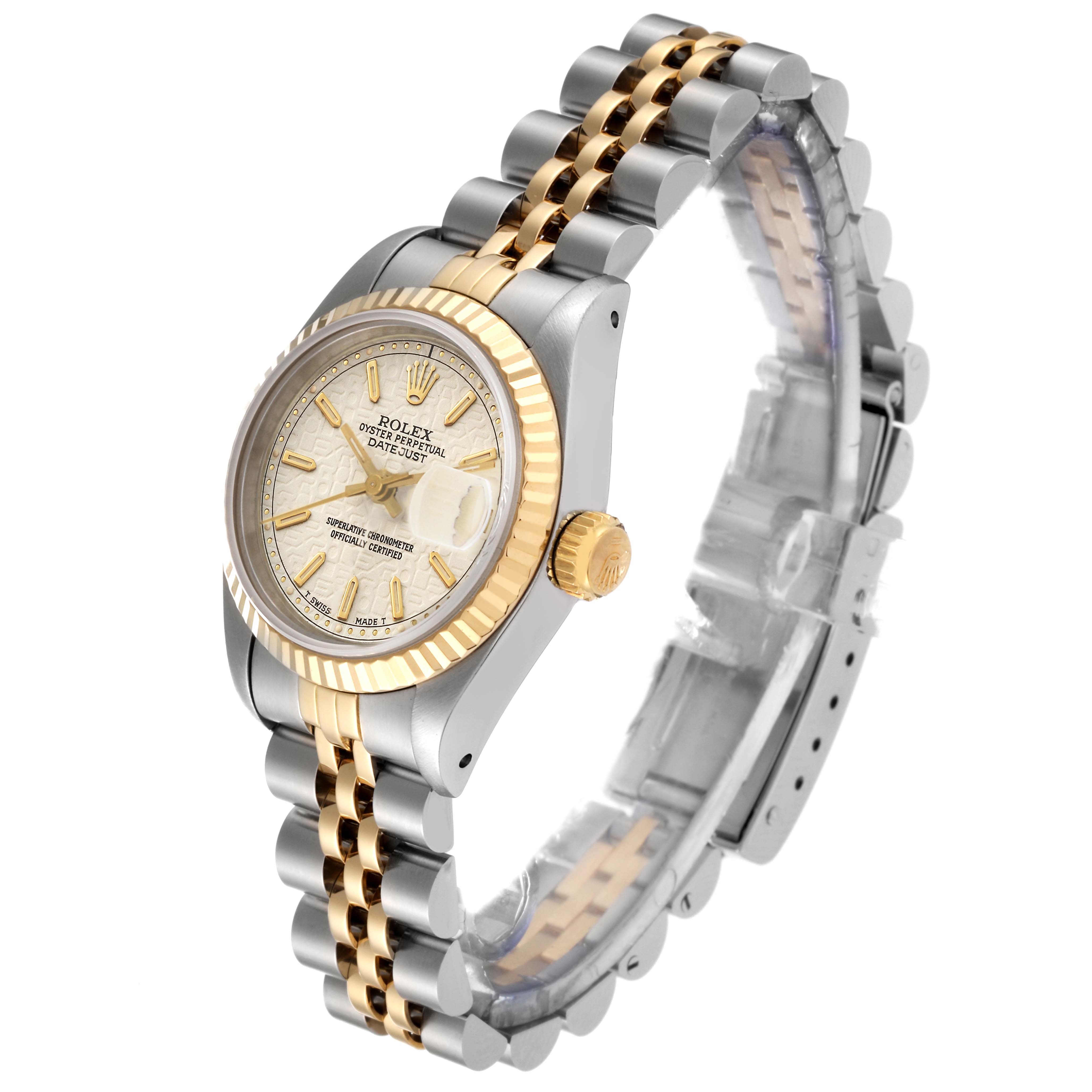 The Rolex Datejust 69173 Women's Steel and Gold (two tone) White Dial 69173 Women's Steel and Gold (two tone) White Dial watch is shown at a three-quarter angle, displaying the dial, bezel, crown, and bracelet.