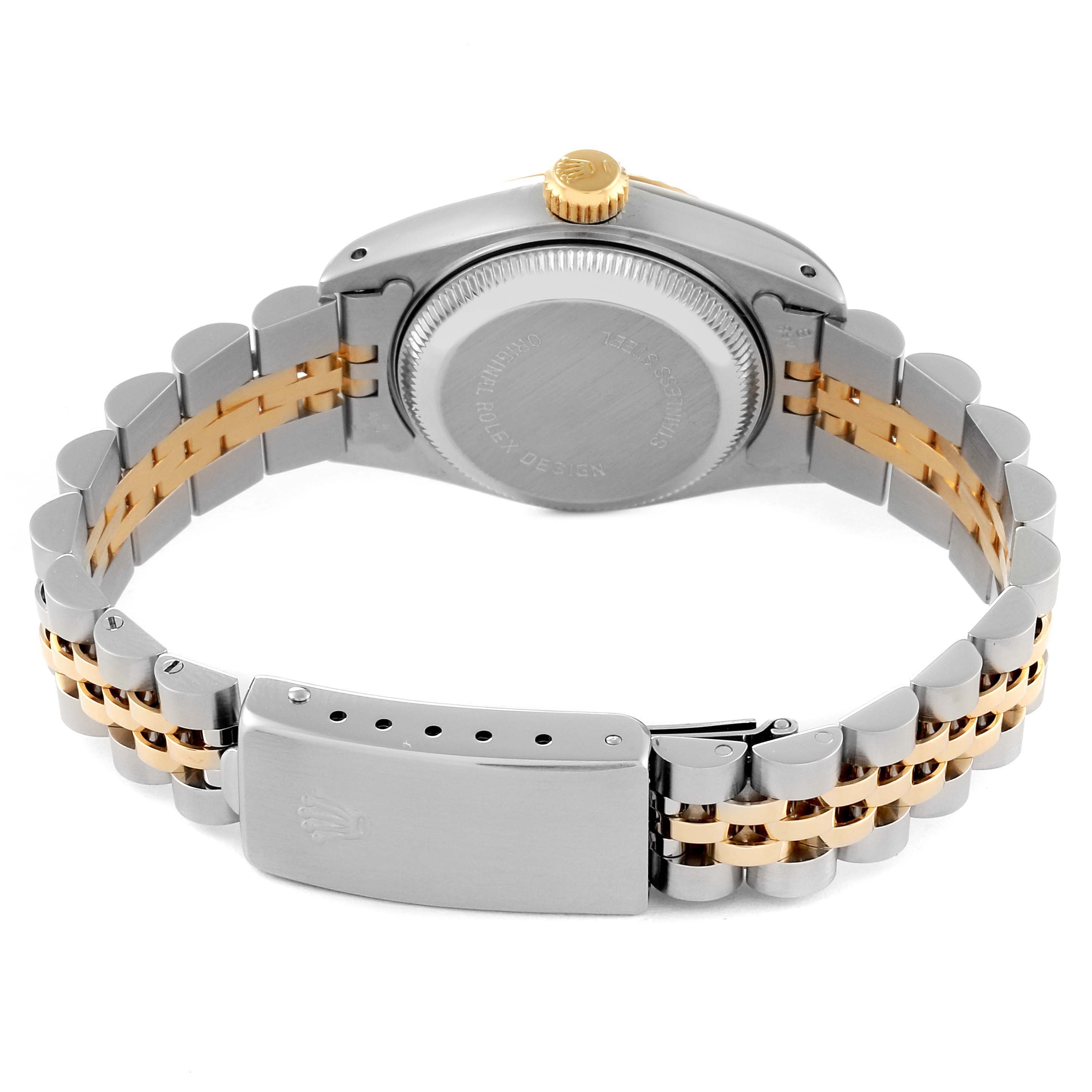 The image shows the back view of a Rolex Datejust 69173 Women's Steel and Gold (two tone) White Dial 69173 Women's Steel and Gold (two tone) White Dial, focusing on the case back, bracelet, and clasp.