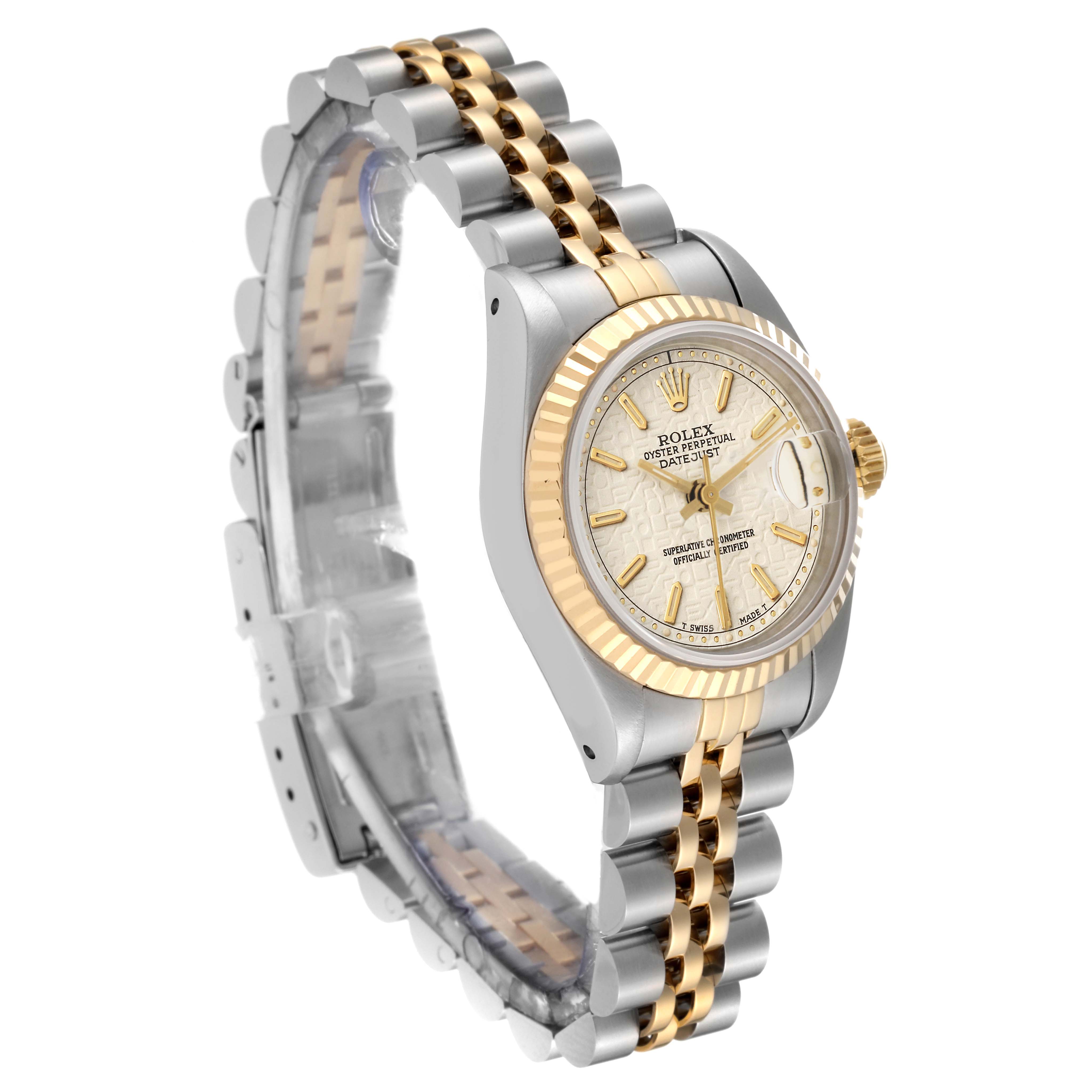 The image shows a side angle of the Rolex Datejust 69173 Women's Steel and Gold (two tone) White Dial 69173 Women's Steel and Gold (two tone) White Dial watch, highlighting its two-tone bracelet, fluted bezel, and dial.