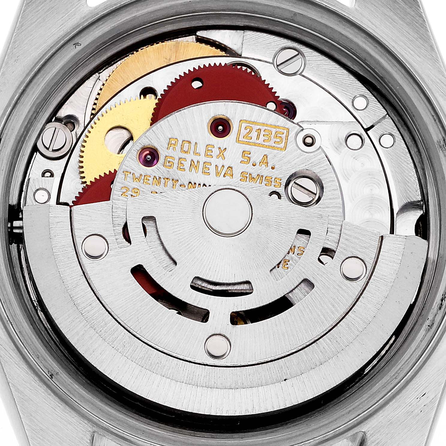 This image shows the internal mechanical movement of a Rolex Datejust 69173 Women's Steel and Gold (two tone) White Dial 69173 Women's Steel and Gold (two tone) White Dial watch viewed from the back.