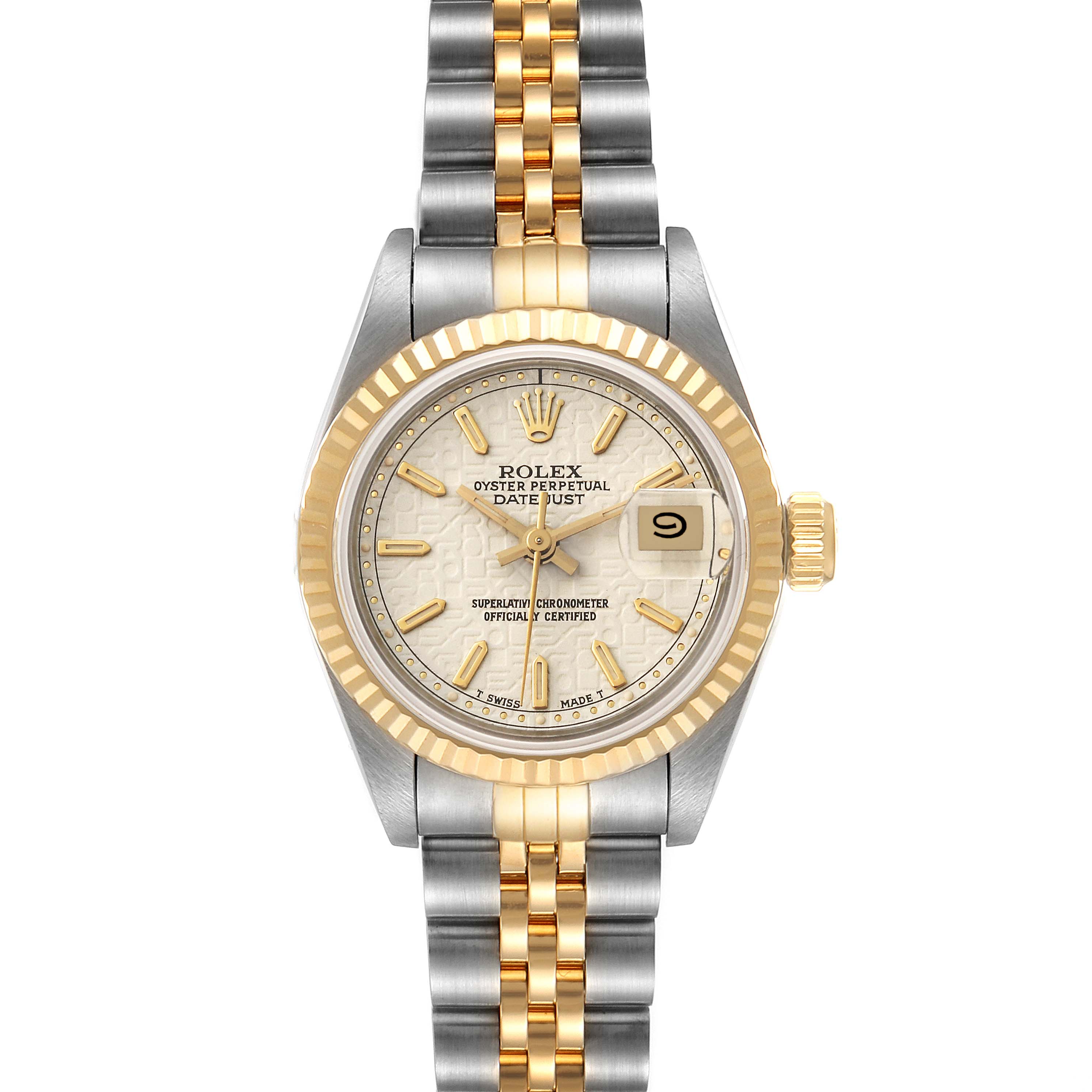 The Rolex Datejust 69173 Women's Steel and Gold (two tone) White Dial 69173 Women's Steel and Gold (two tone) White Dial watch is shown from a straight-on angle, highlighting the face, bezel, crown, and two-tone bracelet.
