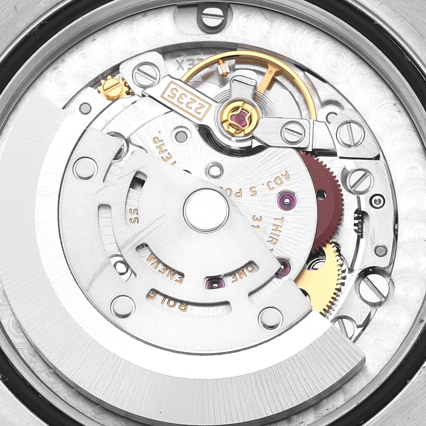 The image shows the inner mechanism and movement parts of a Rolex Mid-Size 178341 Women's Steel and Gold (two tone) Brown Dial 178341 Women's Steel and Gold (two tone) Brown Dial model watch, viewed from the back.