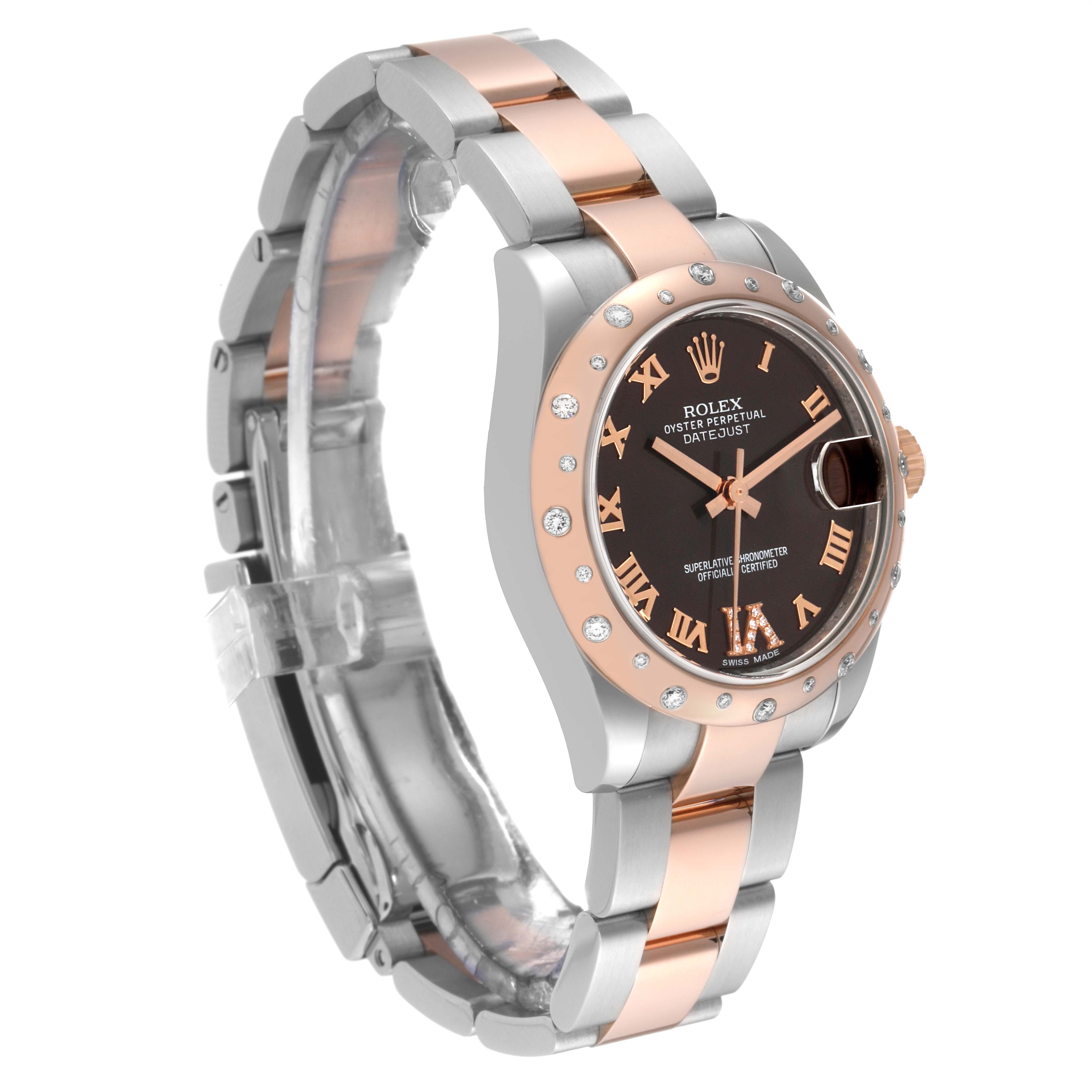 The image shows a Rolex Oyster Perpetual Datejust Mid-Size watch at a slightly tilted side angle, displaying its face, bezel, and bracelet.