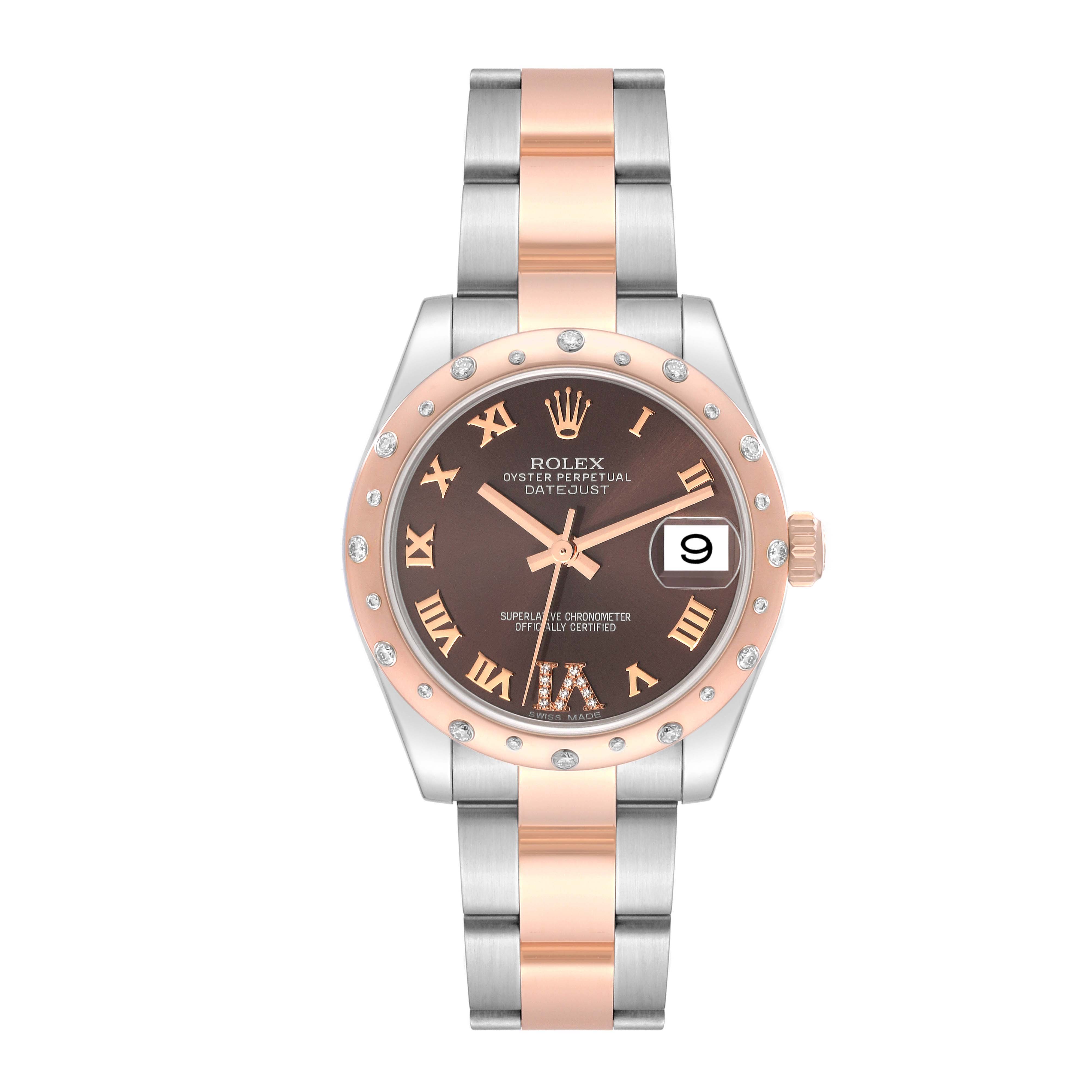 The Rolex Mid-Size 178341 Women's Steel and Gold (two tone) Brown Dial 178341 Women's Steel and Gold (two tone) Brown Dial Oyster Perpetual Datejust watch is shown from a front angle, highlighting the dial, bezel, and bracelet.