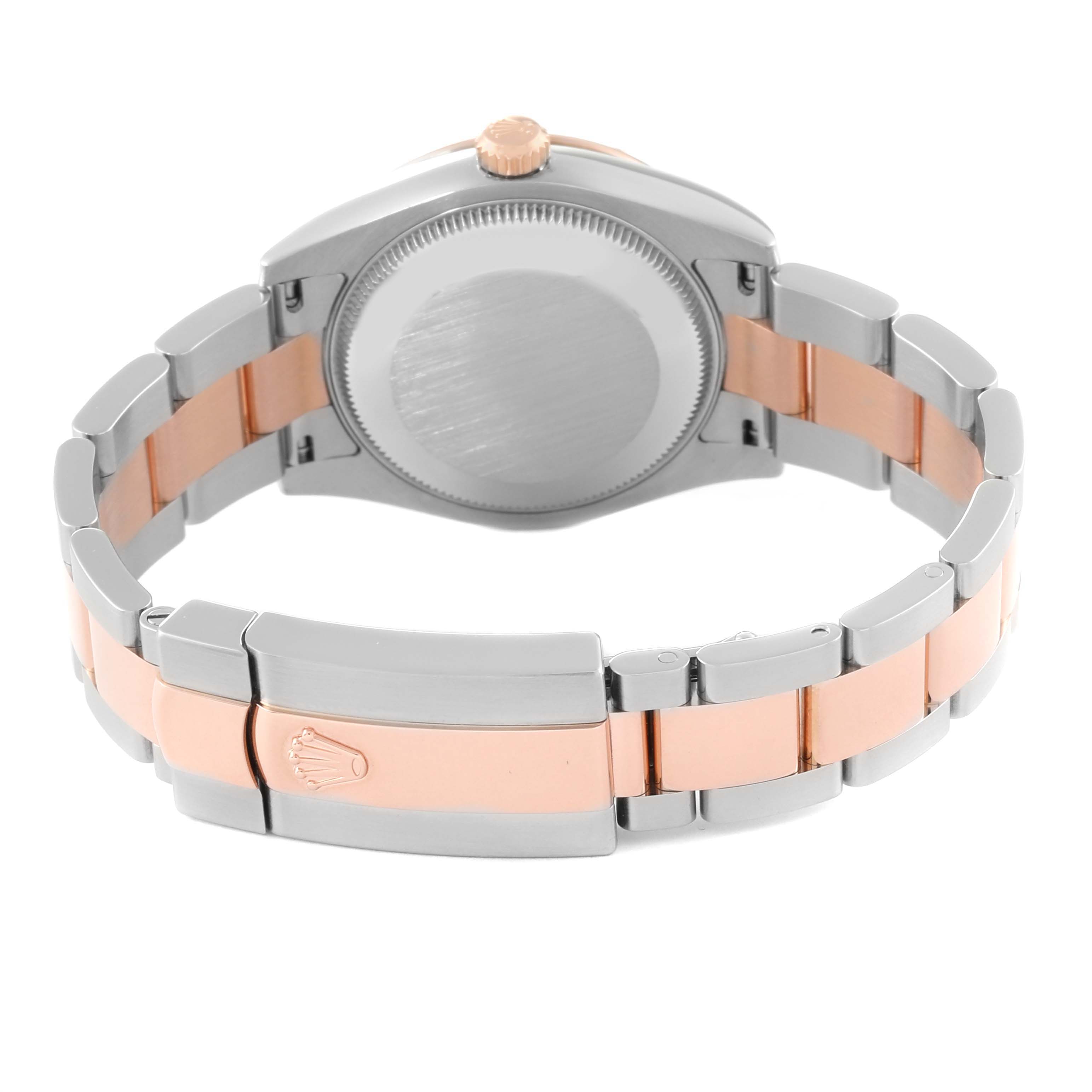 The image shows the back and bracelet of a Mid-Size Rolex watch at a slight angle from above.