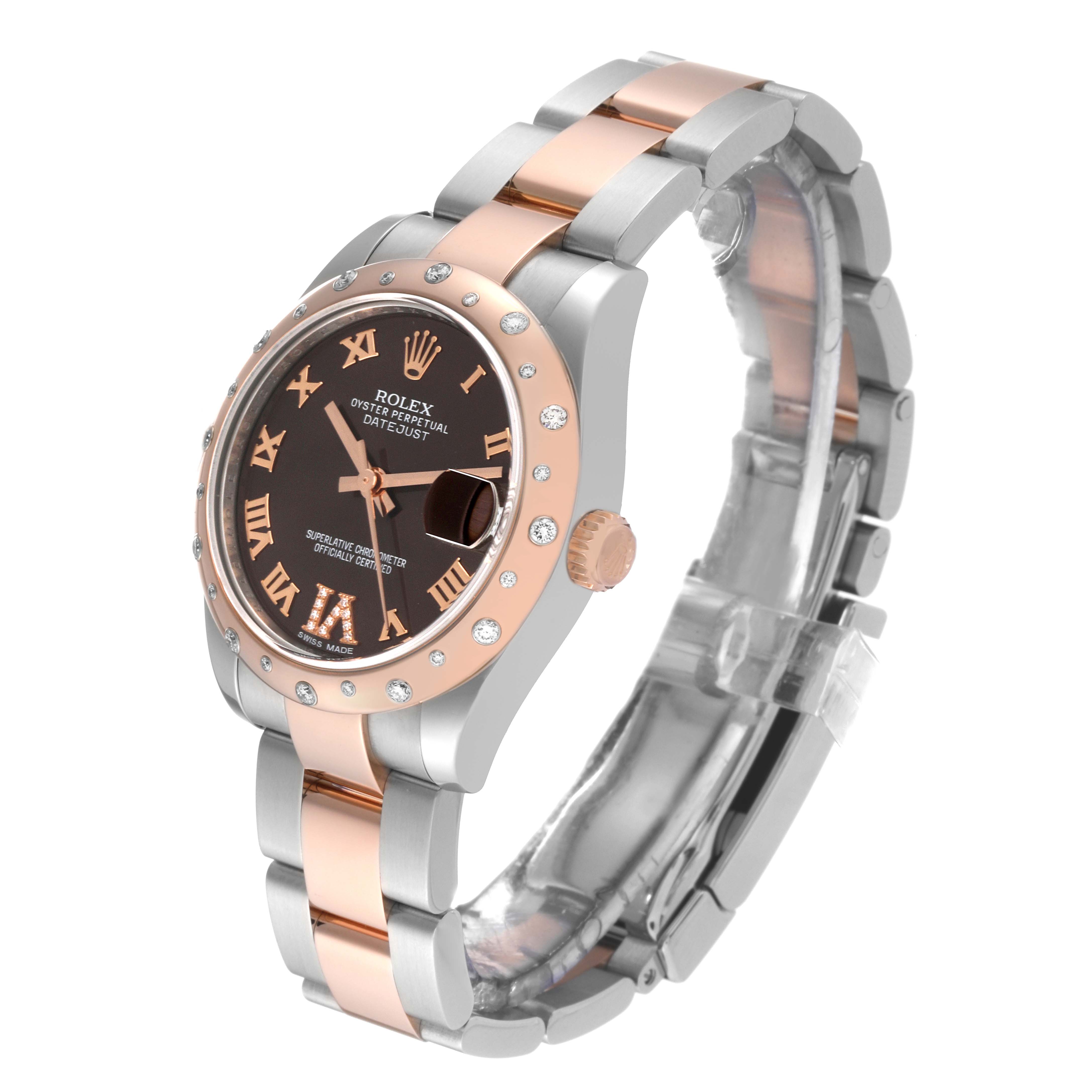 This image shows a three-quarter view of the Rolex Mid-Size 178341 Women's Steel and Gold (two tone) Brown Dial 178341 Women's Steel and Gold (two tone) Brown Dial Oyster Perpetual Datejust, highlighting its dial, bracelet, and crown.