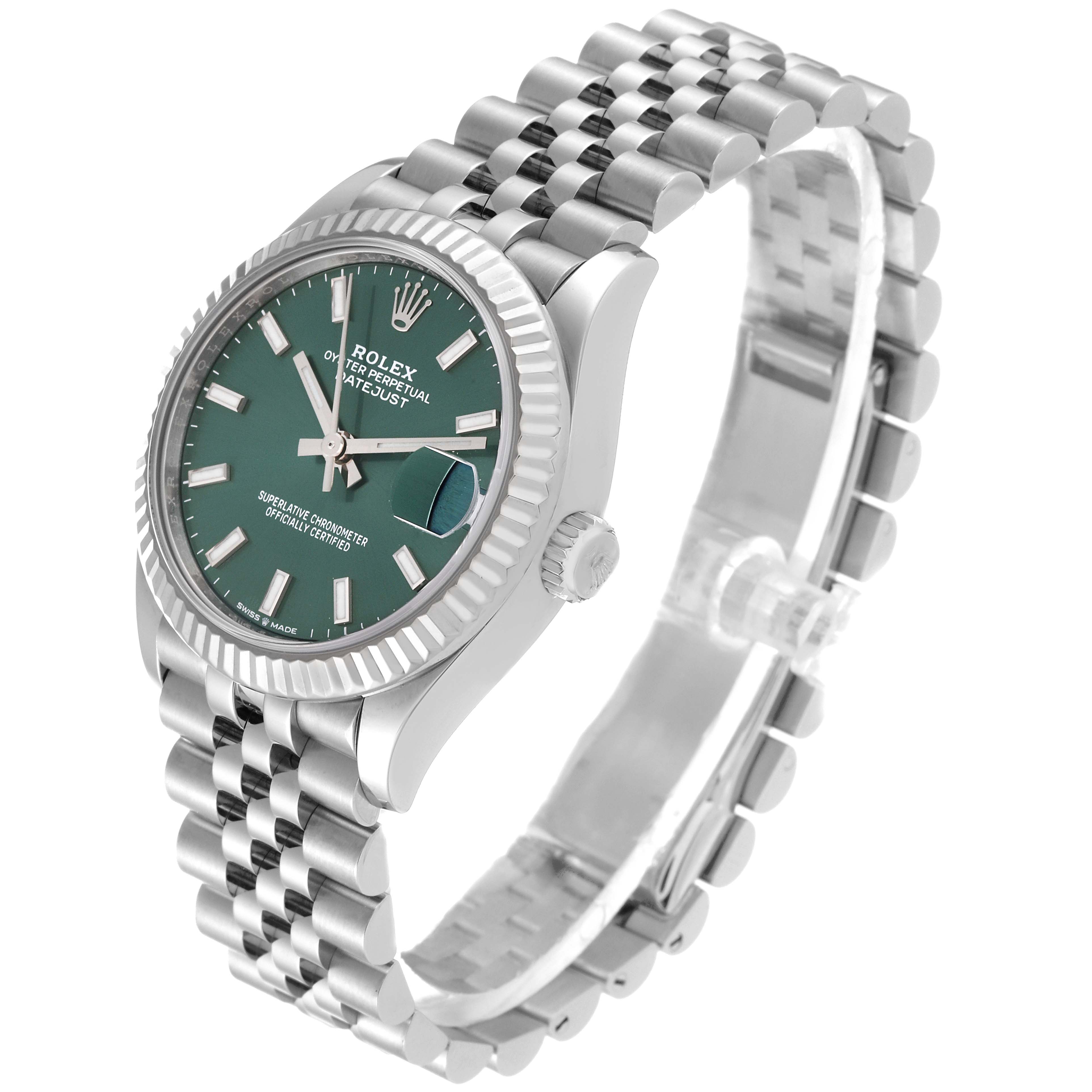 The image shows a Rolex Mid-Size 278274 Women's Stainless Steel Green Dial 278274 Women's Stainless Steel Green Dial watch with a green dial, a fluted bezel, and a Jubilee bracelet viewed at an angle from above.