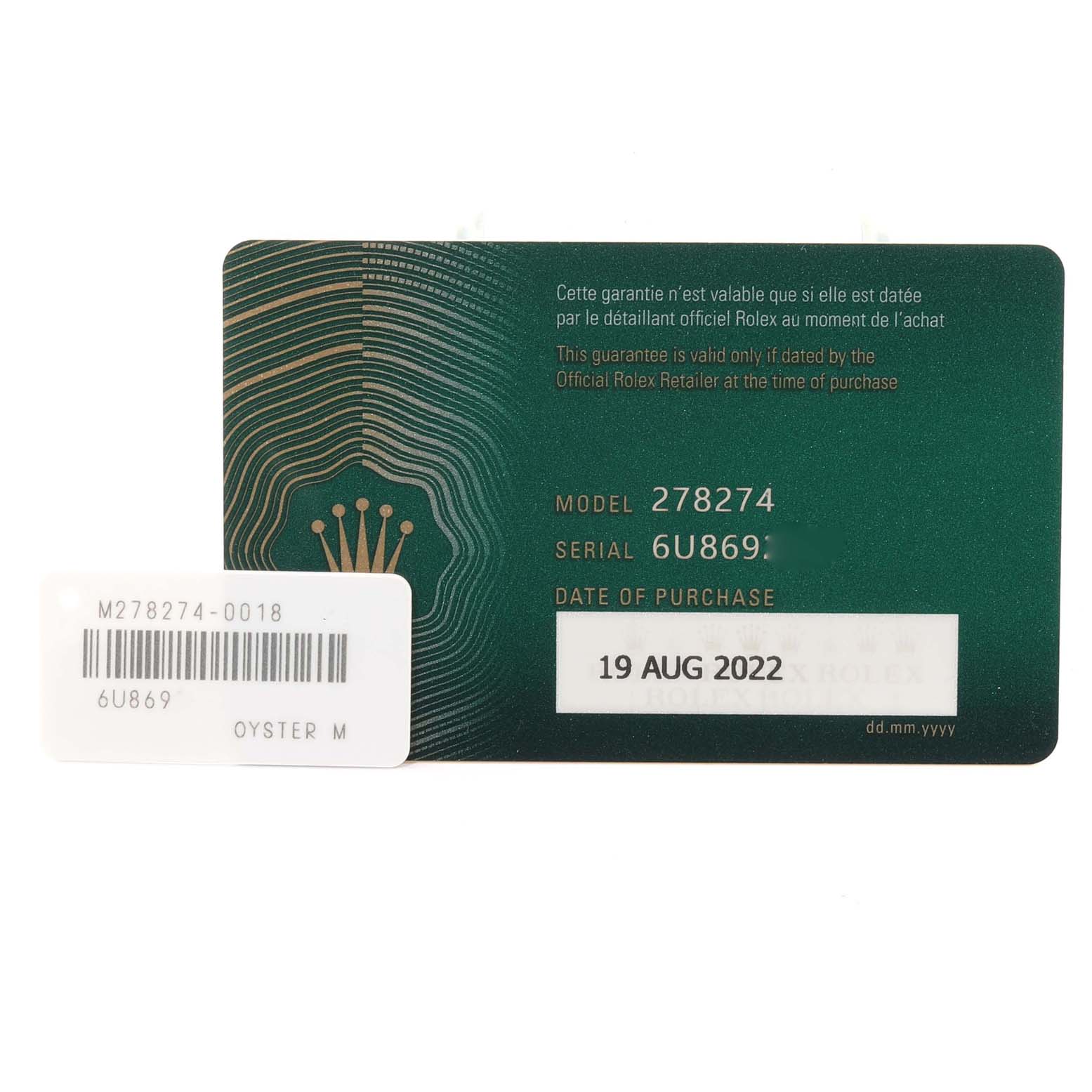 The image shows the warranty card for a Mid-Size Rolex watch, model 278274, displaying its serial number and date of purchase.