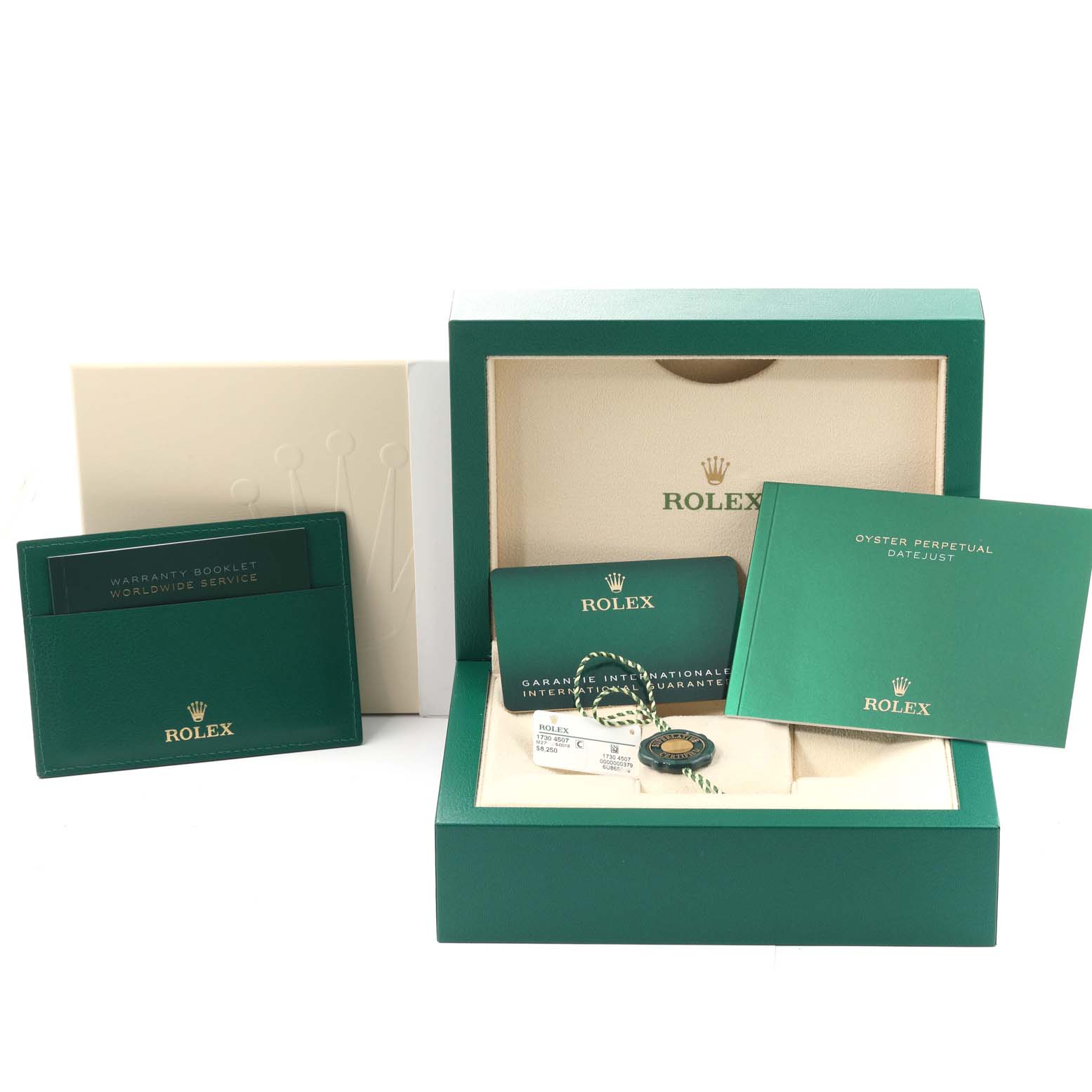 The image shows a Rolex Mid-Size 278274 Women's Stainless Steel Green Dial 278274 Women's Stainless Steel Green Dial watch packaging including the box, booklets, and warranty card holder.