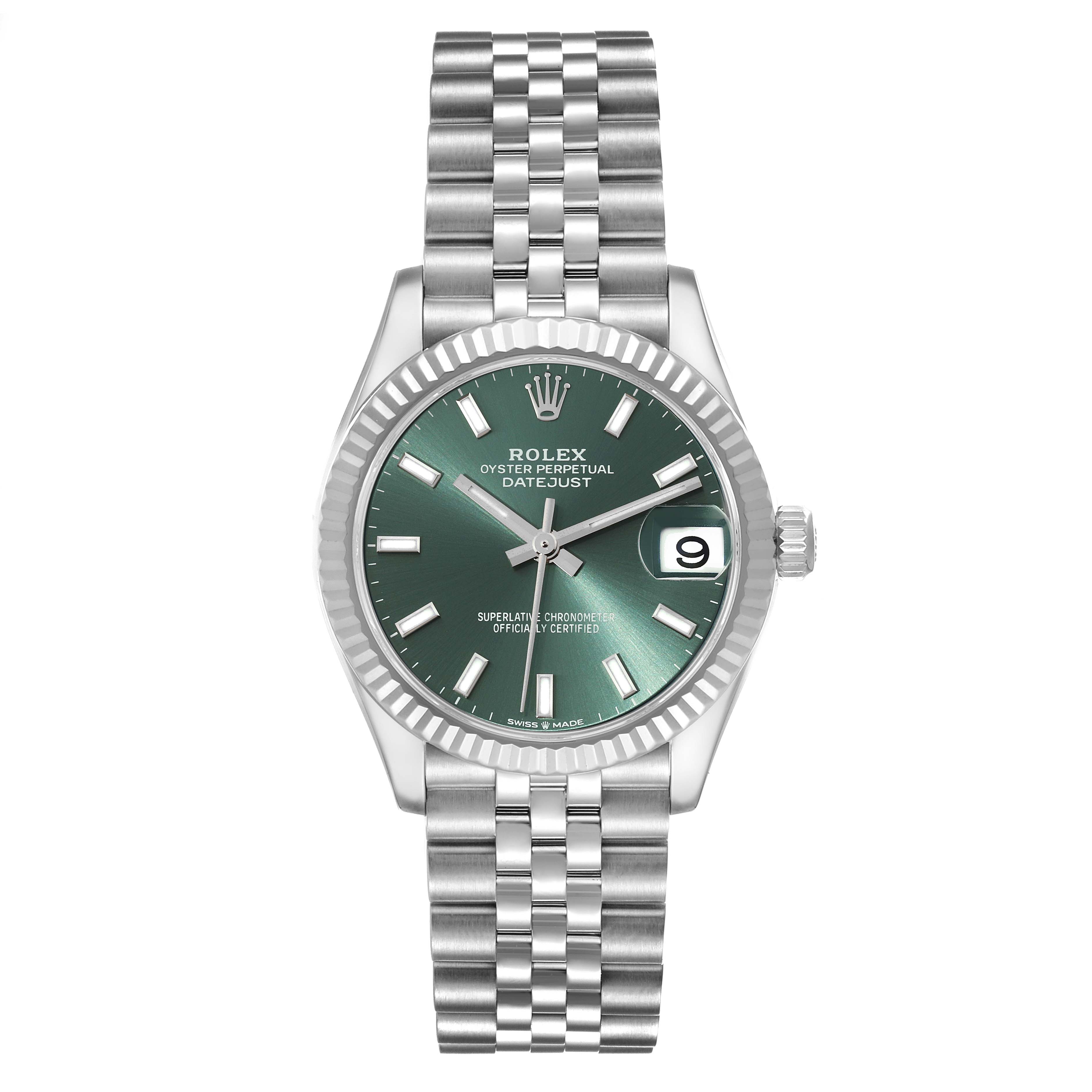 This image shows a front view of the Rolex Oyster Perpetual Datejust Mid-Size watch with a green dial and stainless steel bracelet.