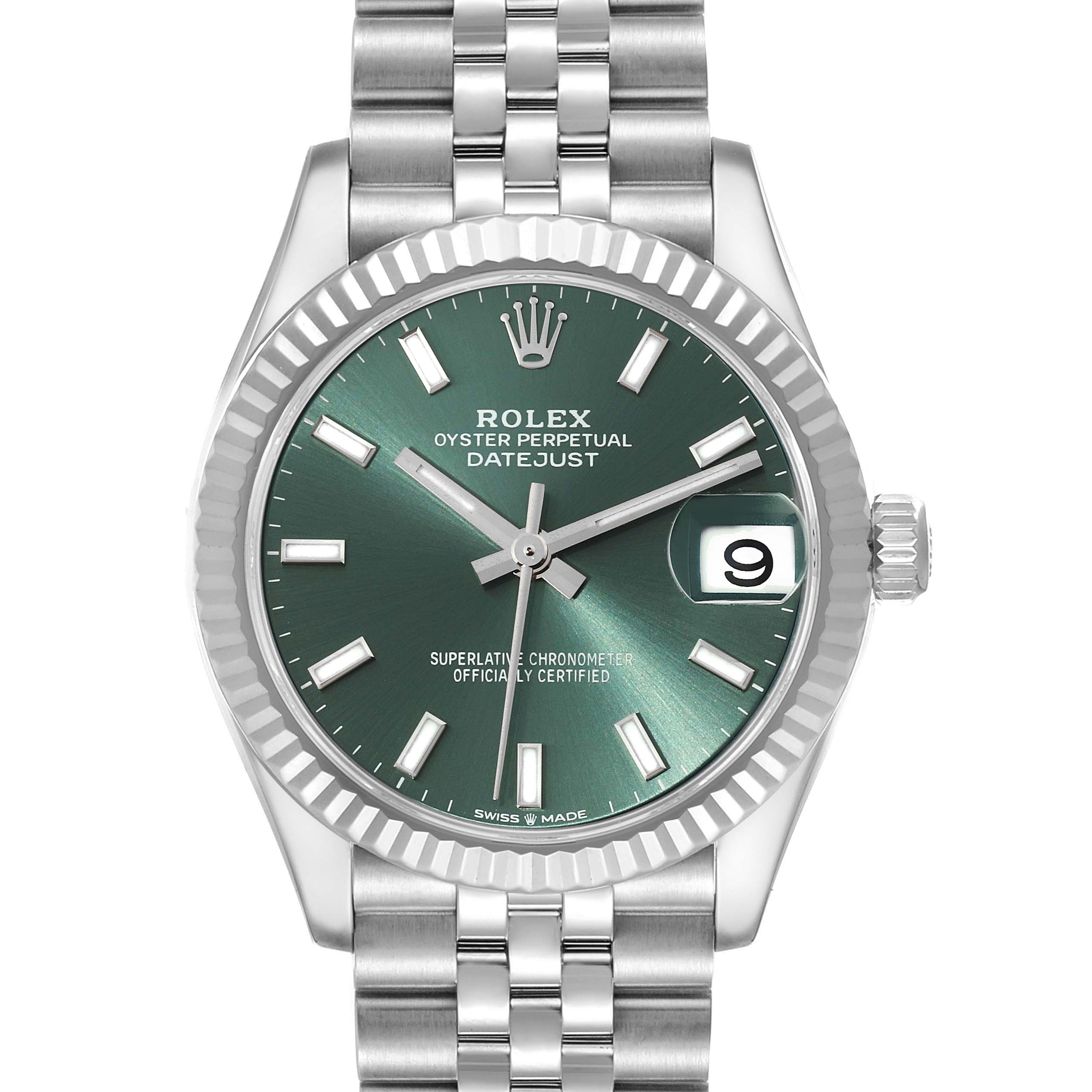 This image shows a front view of the Rolex Oyster Perpetual Datejust Mid-Size watch with a green dial and silver bracelet.