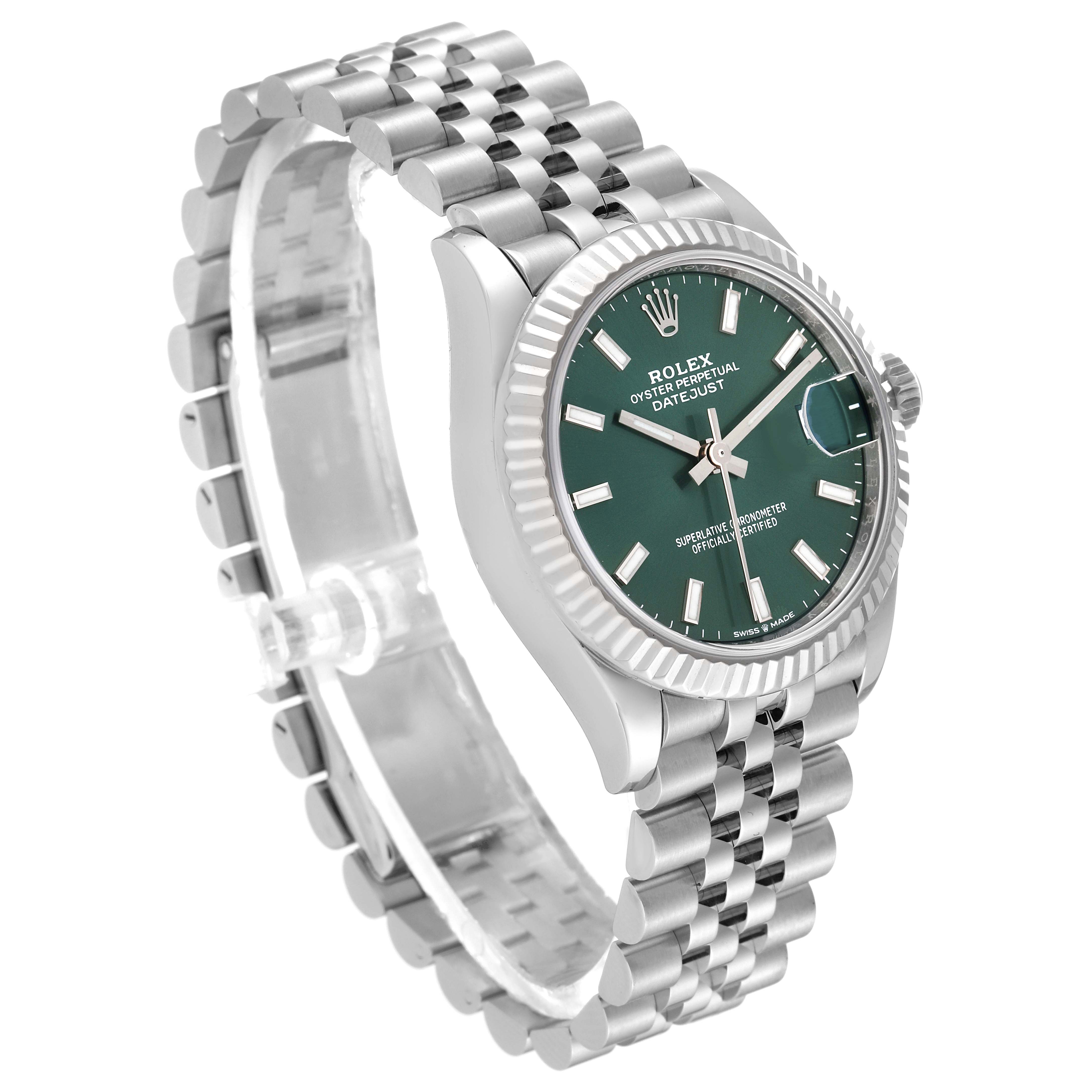 This image shows a mid-size Rolex Oyster Perpetual Datejust watch from an angled side view, displaying the face, bezel, crown, and bracelet.