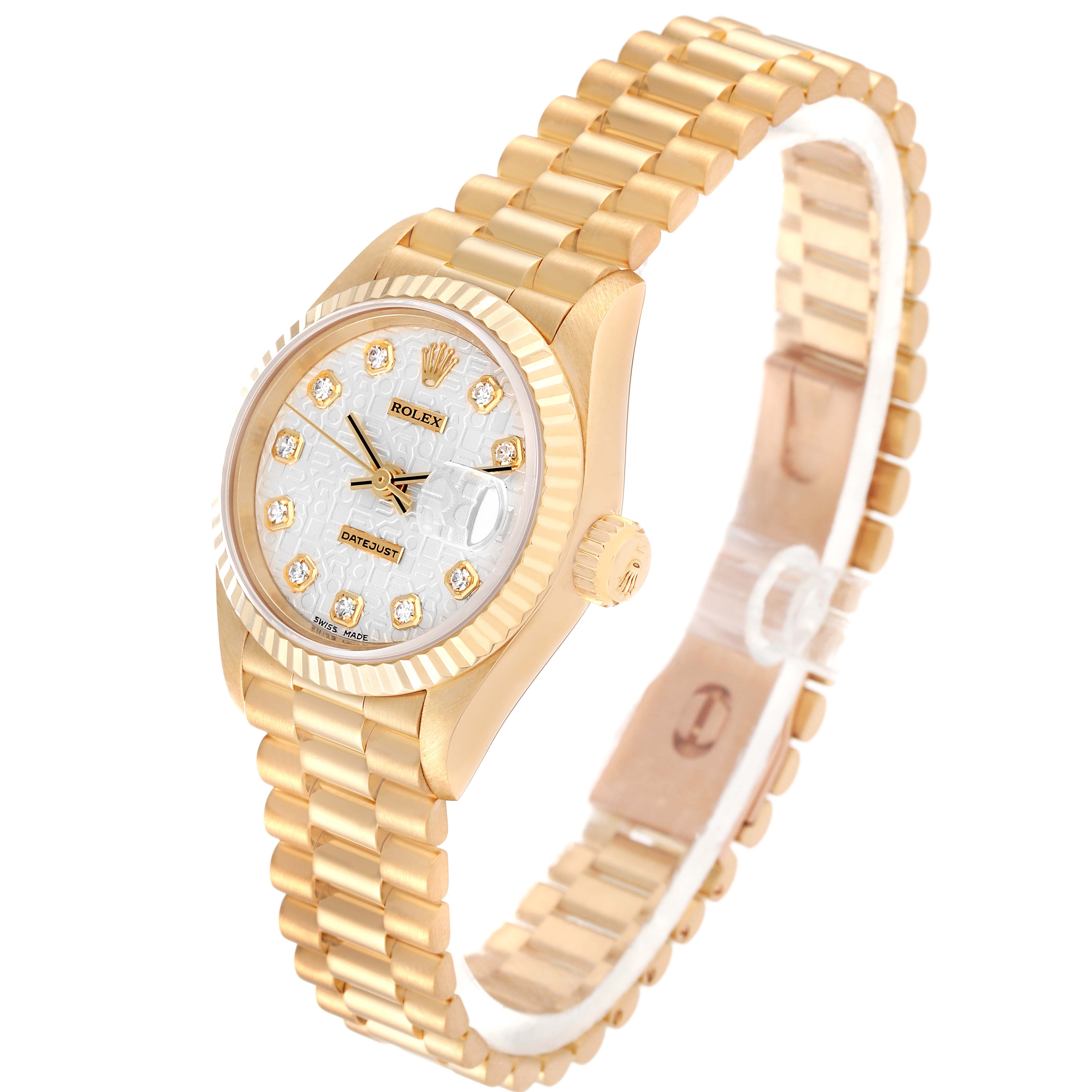 The Rolex President 69178 Women's Yellow Gold Silver Dial 69178 Women's Yellow Gold Silver Dial model watch is shown at a slight angle, displaying its gold bracelet, diamond hour markers, and date function.