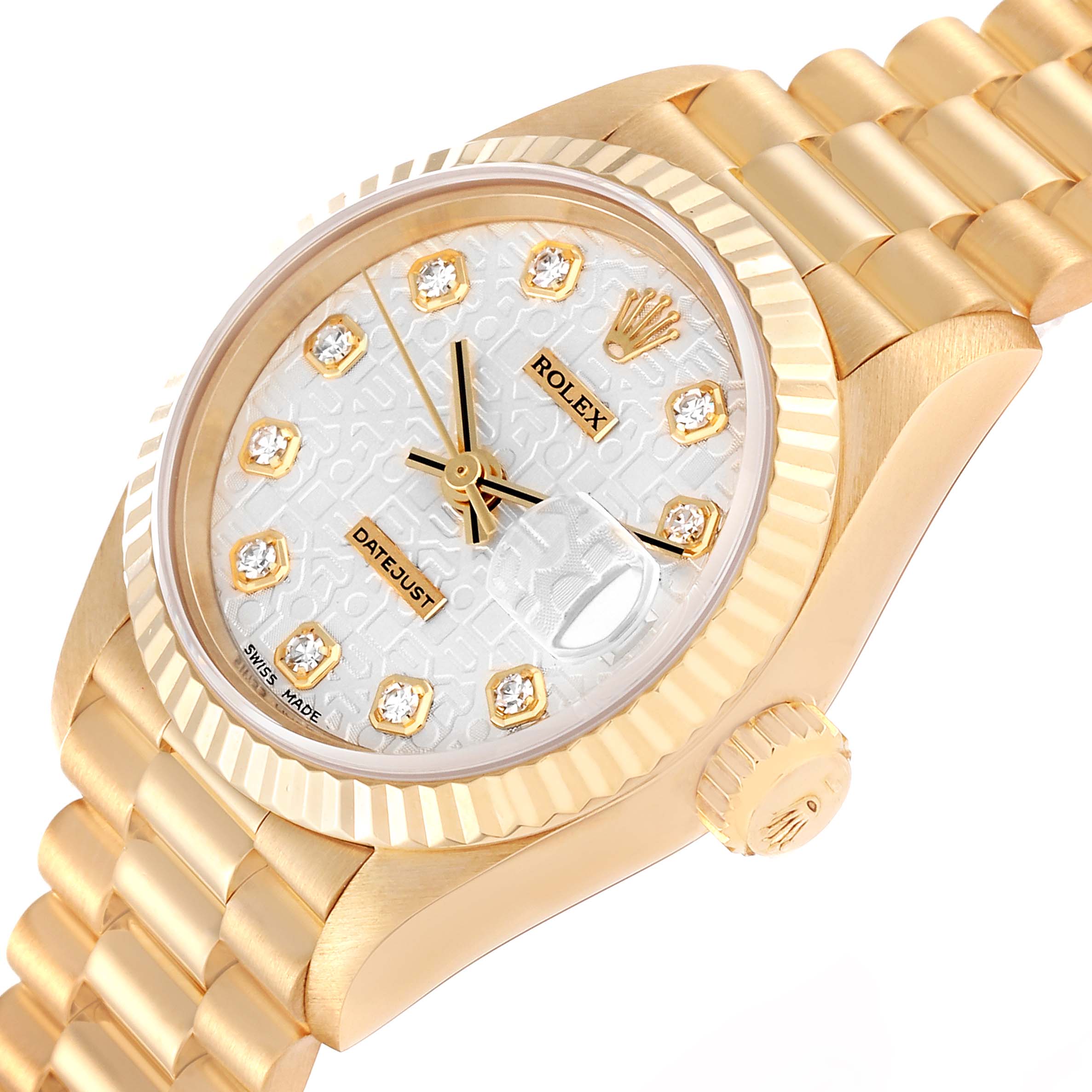 The image shows a Rolex President 69178 Women's Yellow Gold Silver Dial 69178 Women's Yellow Gold Silver Dial model watch at an angled close-up, highlighting the dial, watch face, bezel, and part of the bracelet.