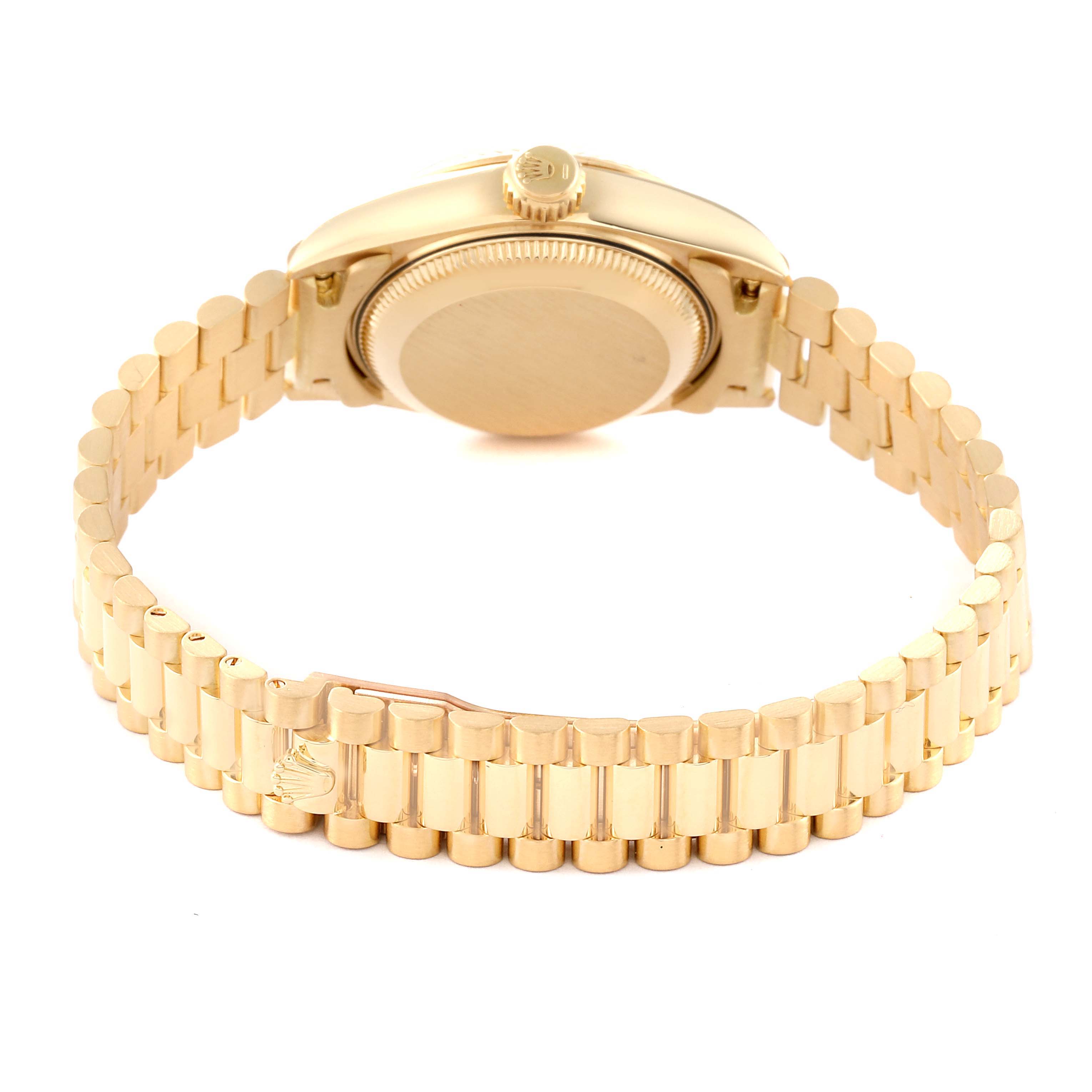 This image shows the back view of the Rolex President 69178 Women's Yellow Gold Silver Dial 69178 Women's Yellow Gold Silver Dial model, highlighting the bracelet, clasp, and caseback.