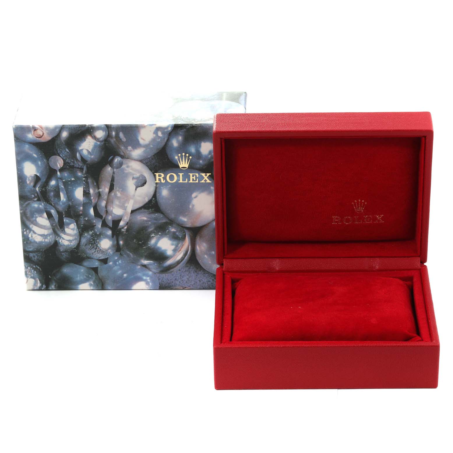 The image shows an empty red Rolex watch box and its outer decorative packaging for the President model.