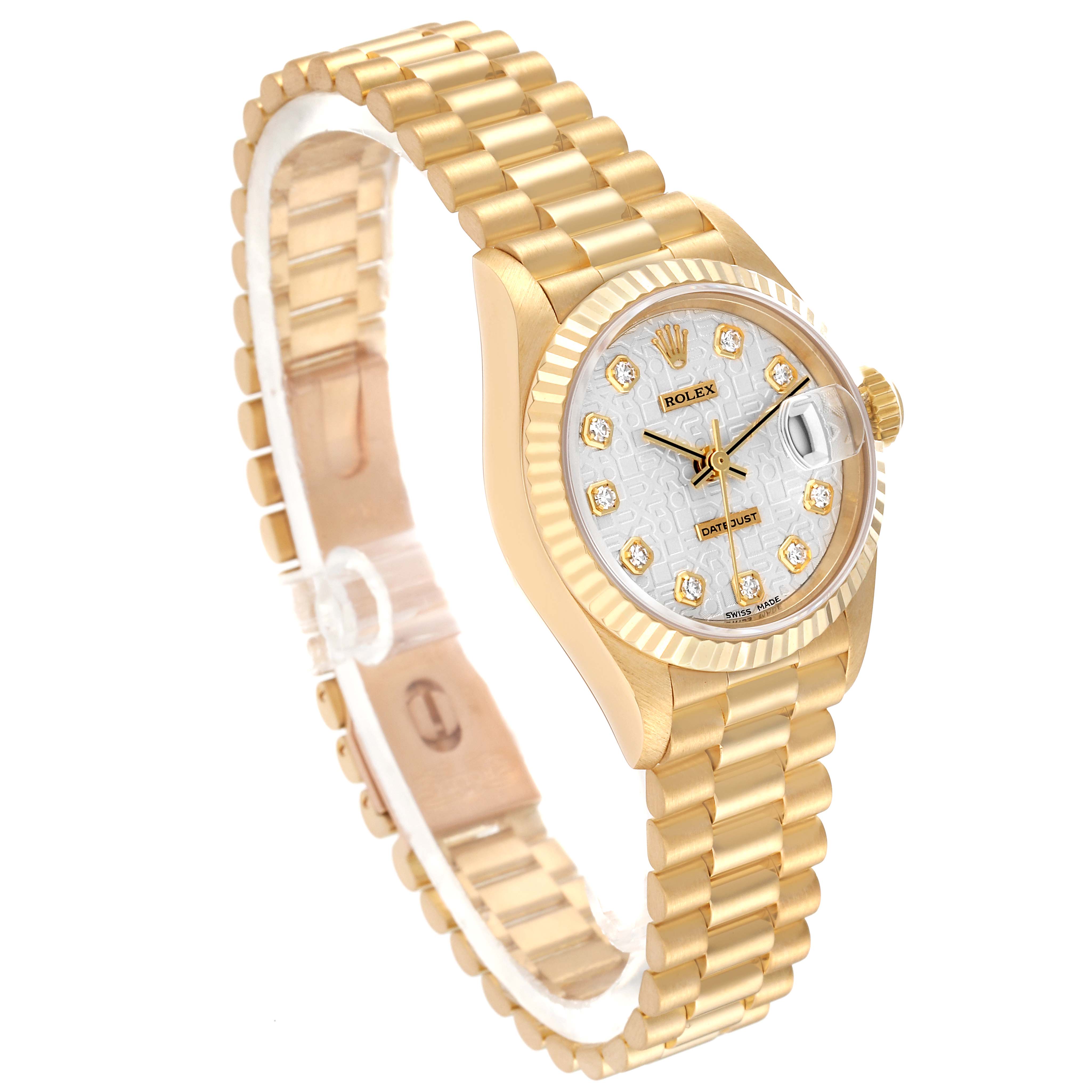 The image shows a Rolex President 69178 Women's Yellow Gold Silver Dial 69178 Women's Yellow Gold Silver Dial model watch from a front angle, highlighting the gold bracelet, dial, and bezel.