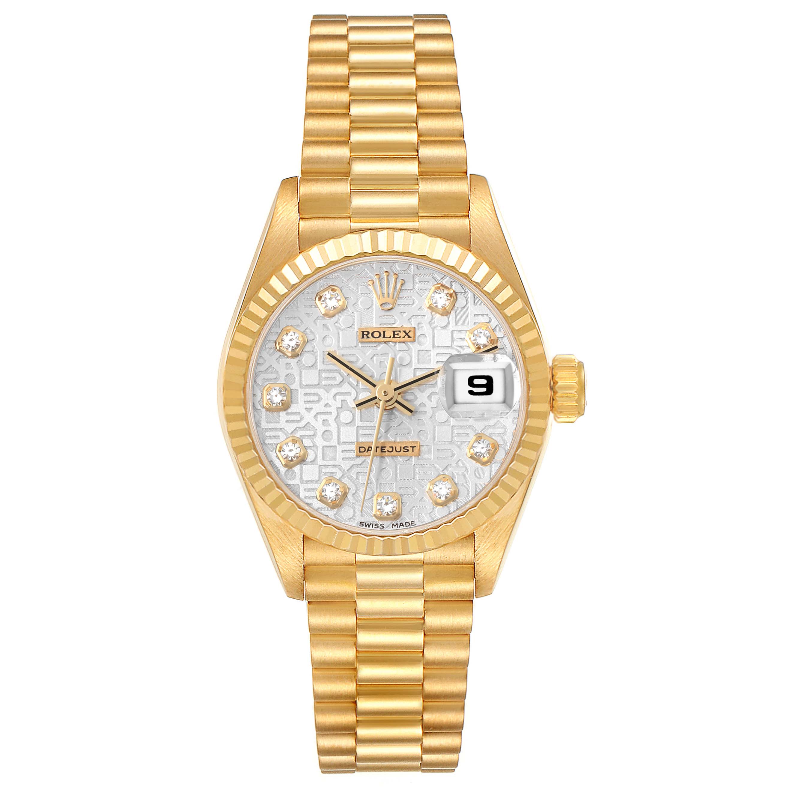 This is a front view of a Rolex President 69178 Women's Yellow Gold Silver Dial 69178 Women's Yellow Gold Silver Dial model watch showing the watch face, band, date window, and crown.