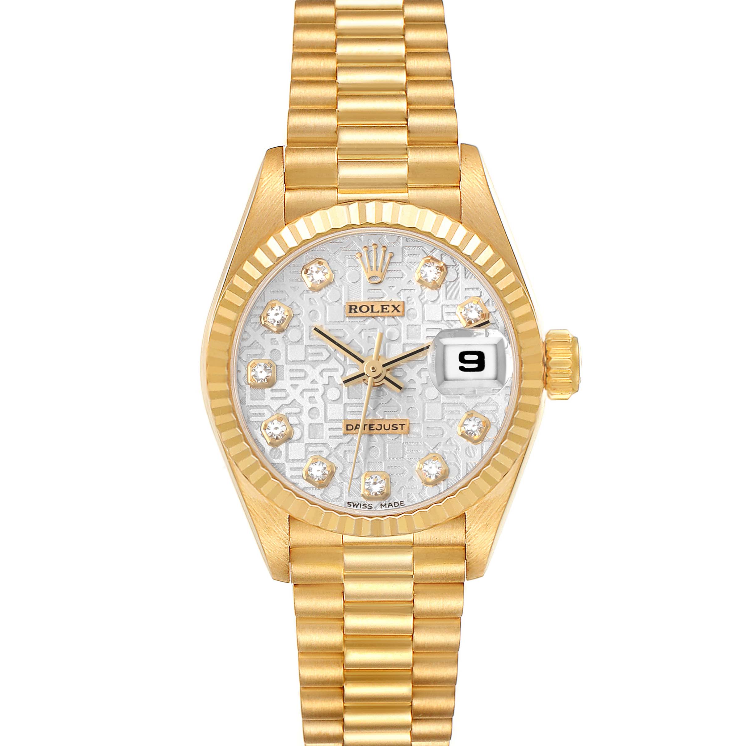 The image shows a frontal view of a Rolex President 69178 Women's Yellow Gold Silver Dial 69178 Women's Yellow Gold Silver Dial model watch, highlighting the dial, markers, bracelet, and date window.