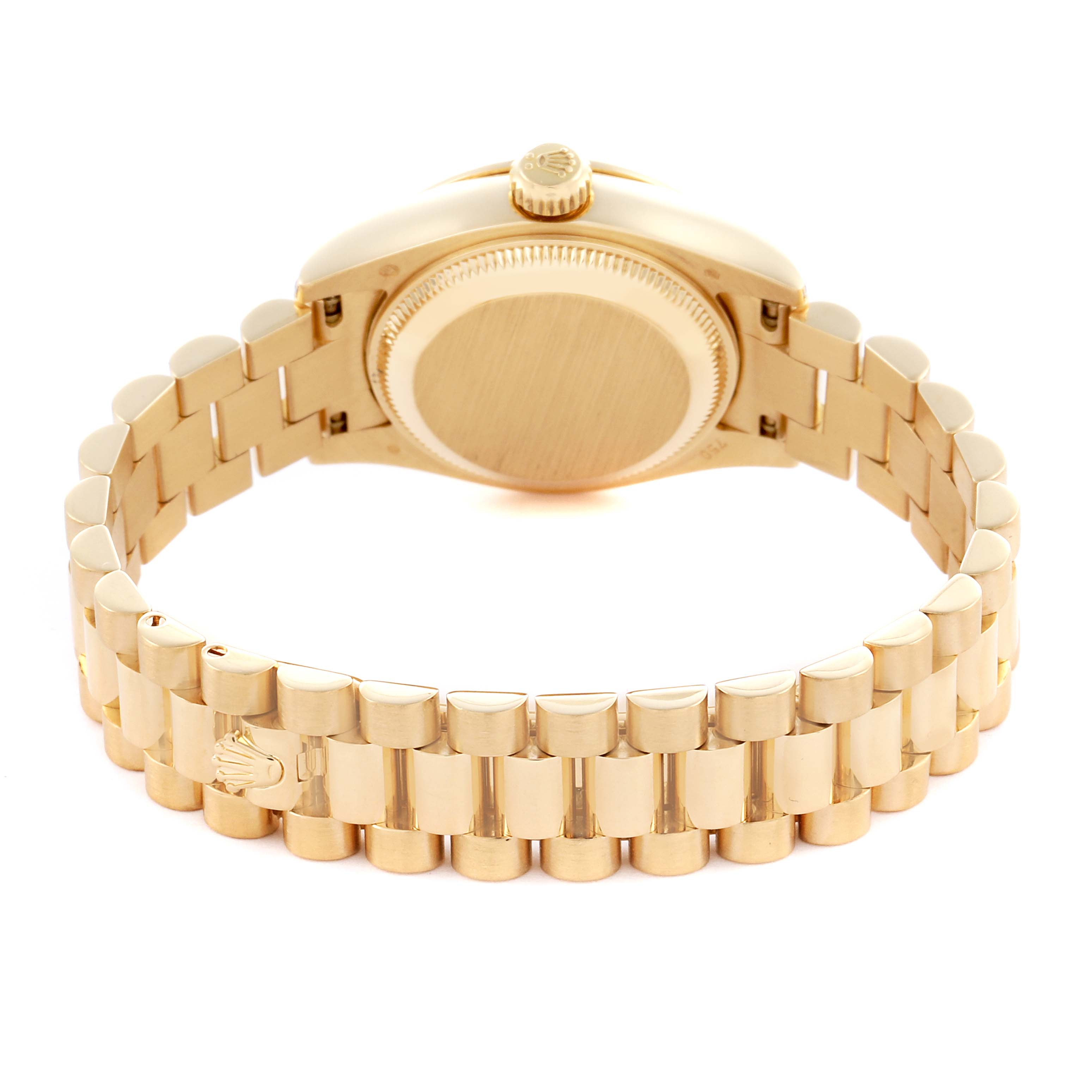 The image shows the back view of a Rolex President 179158 Women's Yellow Gold Mother of Pearl Dial 179158 Women's Yellow Gold Mother of Pearl Dial watch, highlighting the bracelet and case back.