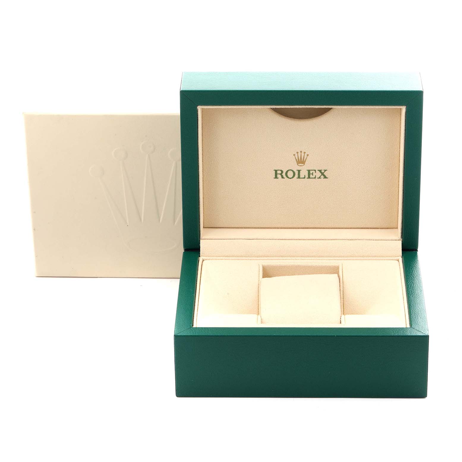 The image shows an open green Rolex box for the President model, displaying its beige interior and logo.