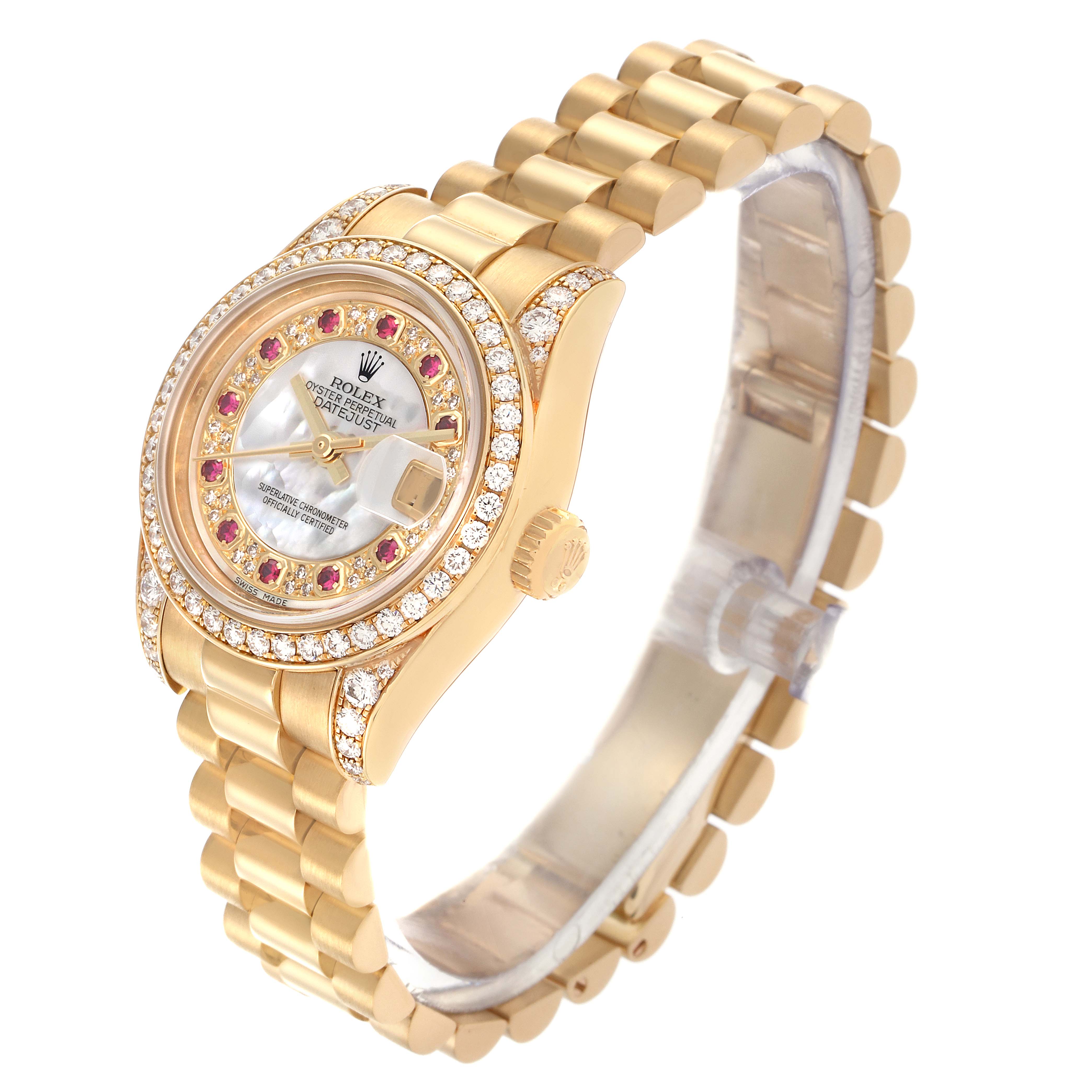 The Rolex President 179158 Women's Yellow Gold Mother of Pearl Dial 179158 Women's Yellow Gold Mother of Pearl Dial model is shown at a three-quarter angle, highlighting the bezel, dial, and bracelet.