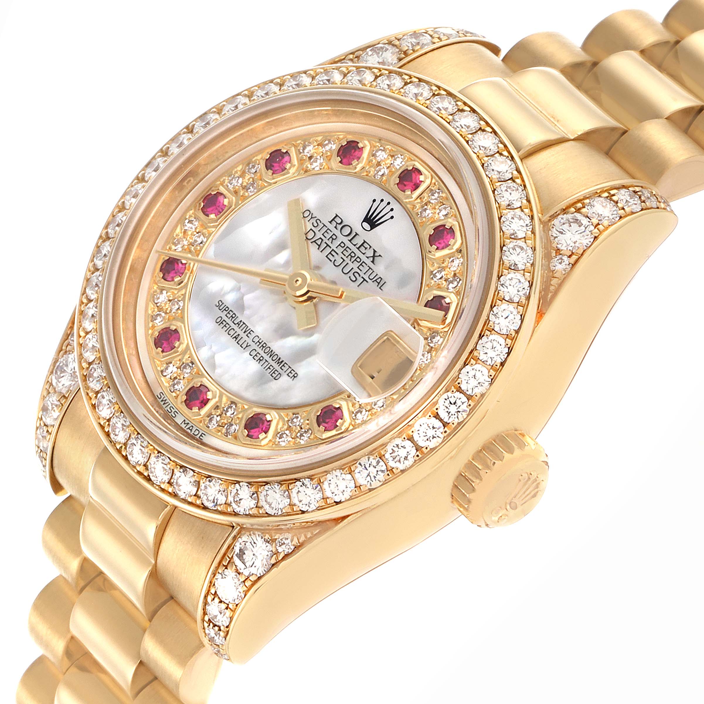 The Rolex President 179158 Women's Yellow Gold Mother of Pearl Dial 179158 Women's Yellow Gold Mother of Pearl Dial model is shown at an angled view highlighting the diamond and ruby bezel, bracelet, crown, and dial details.