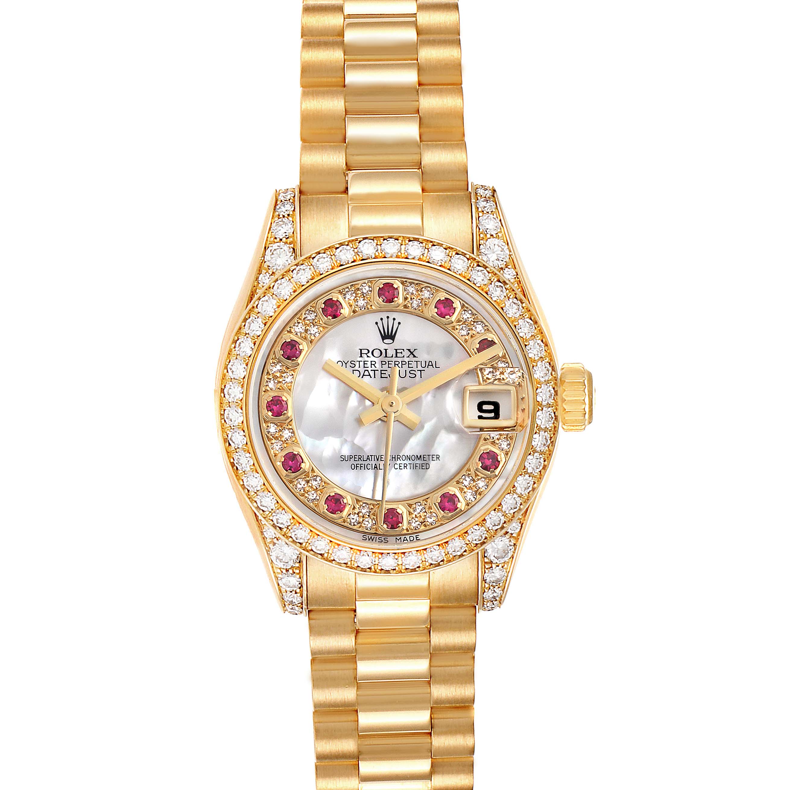 The Rolex President 179158 Women's Yellow Gold Mother of Pearl Dial 179158 Women's Yellow Gold Mother of Pearl Dial model watch is shown from a top-down angle, highlighting its diamond and ruby-encrusted bezel, face, and gold bracelet.