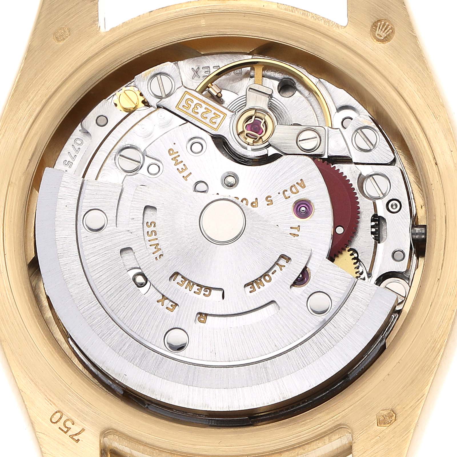 The image shows the movement of a Rolex President 179158 Women's Yellow Gold Mother of Pearl Dial 179158 Women's Yellow Gold Mother of Pearl Dial watch from the back, highlighting gears and components.
