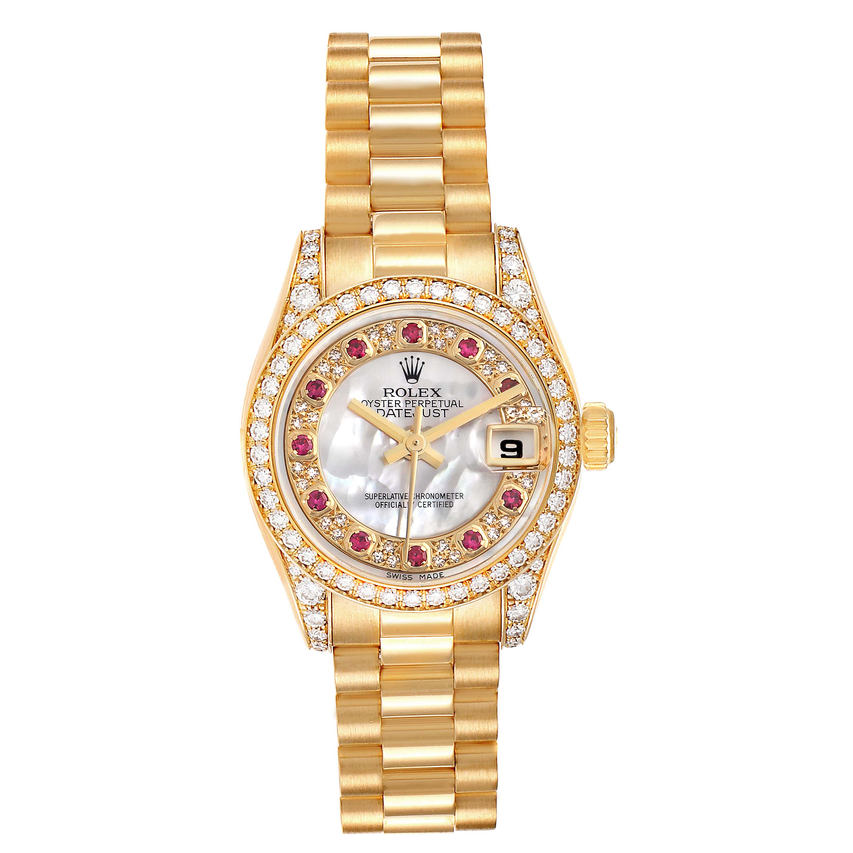 The Rolex President 179158 Women's Yellow Gold Mother of Pearl Dial 179158 Women's Yellow Gold Mother of Pearl Dial model is shown from a top view, highlighting its gold bracelet, diamond bezel, and mother-of-pearl dial with ruby hour markers.