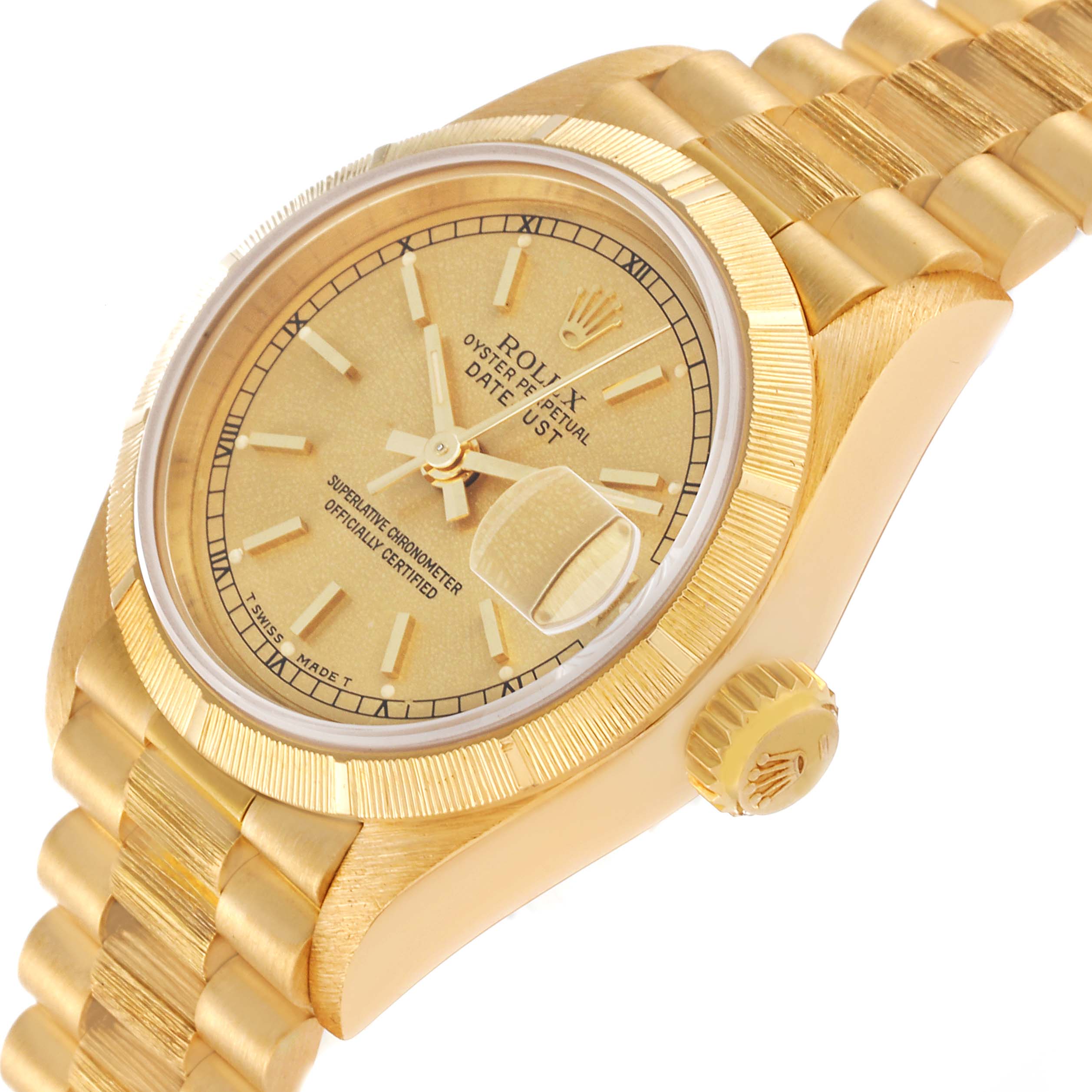 The Rolex President 69278 Women
s Yellow Gold Champagne Dial 69278 Women
s Yellow Gold Champagne Dial model is shown at a slight angle, highlighting the dial, bezel, crown, and part of the bracelet.