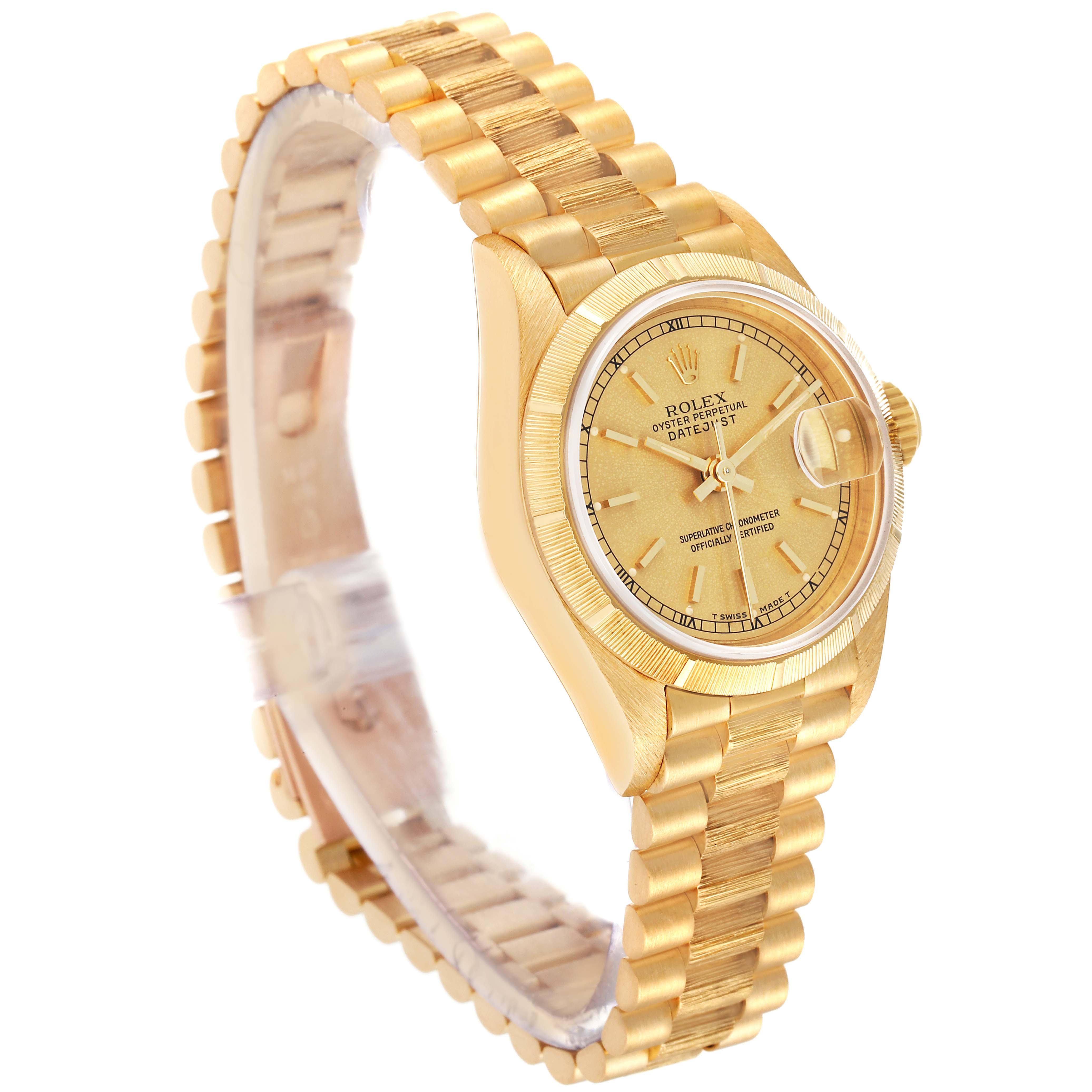 The image shows a side and angled view of the Rolex President 69278 Women
s Yellow Gold Champagne Dial 69278 Women
s Yellow Gold Champagne Dial model, highlighting the watch face, bezel, bracelet, and crown.