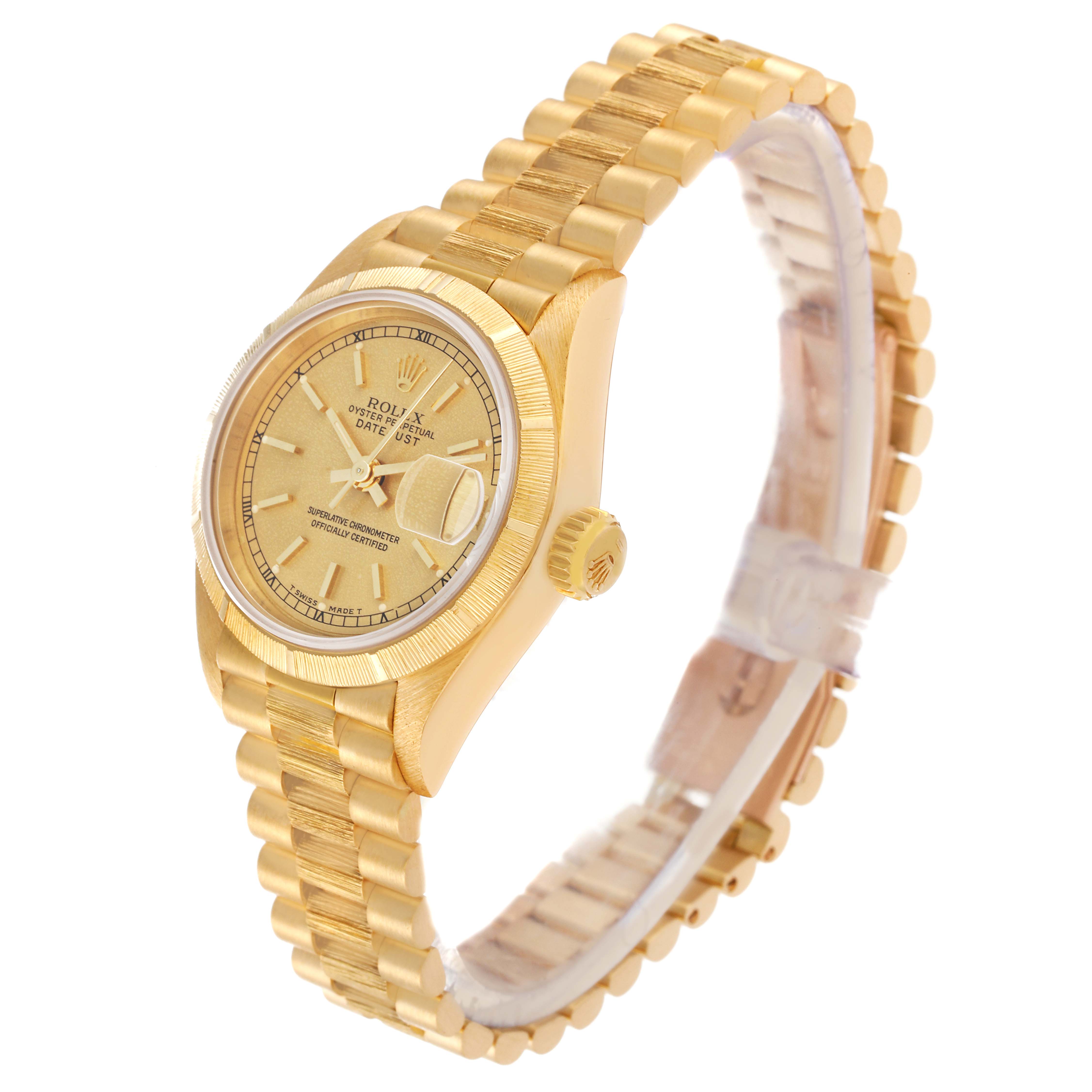 This image shows a side angle of the Rolex President 69278 Women
s Yellow Gold Champagne Dial 69278 Women
s Yellow Gold Champagne Dial model watch, highlighting the watch face, bezel, crown, and bracelet.