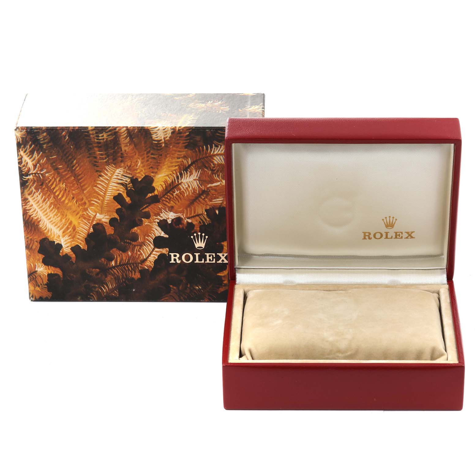 The image shows the packaging and watch box for a Rolex President 69278 Women
s Yellow Gold Champagne Dial 69278 Women
s Yellow Gold Champagne Dial model, including an outer box with fern design and an open red leather case.