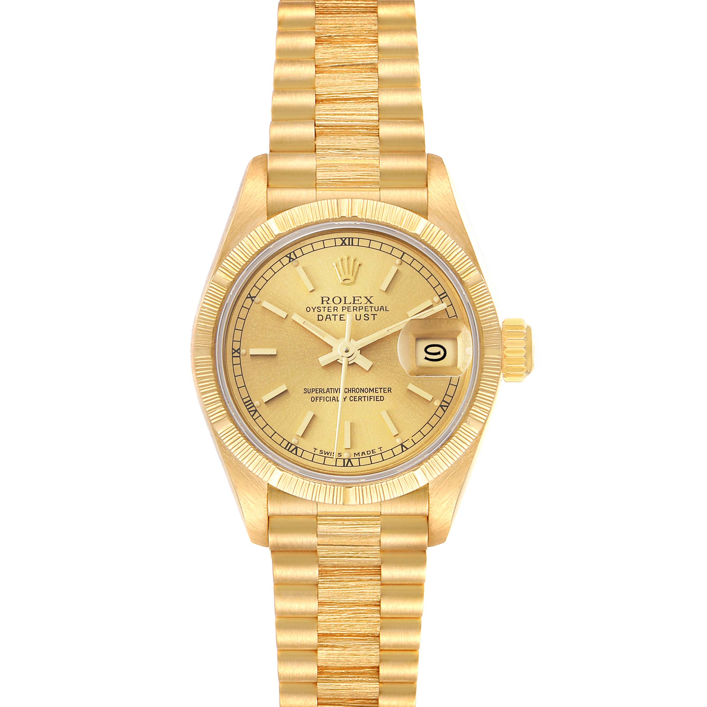 The image shows a frontal view of a Rolex President 69278 Women
s Yellow Gold Champagne Dial 69278 Women
s Yellow Gold Champagne Dial model watch, highlighting the face, bezel, crown, and bracelet.