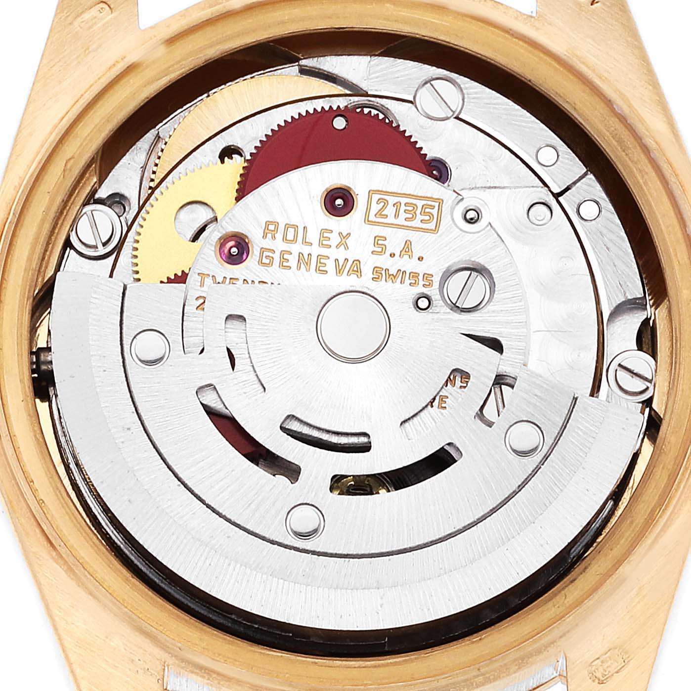 The image shows the inner mechanical movement of a President model Rolex watch, viewed from the back case.